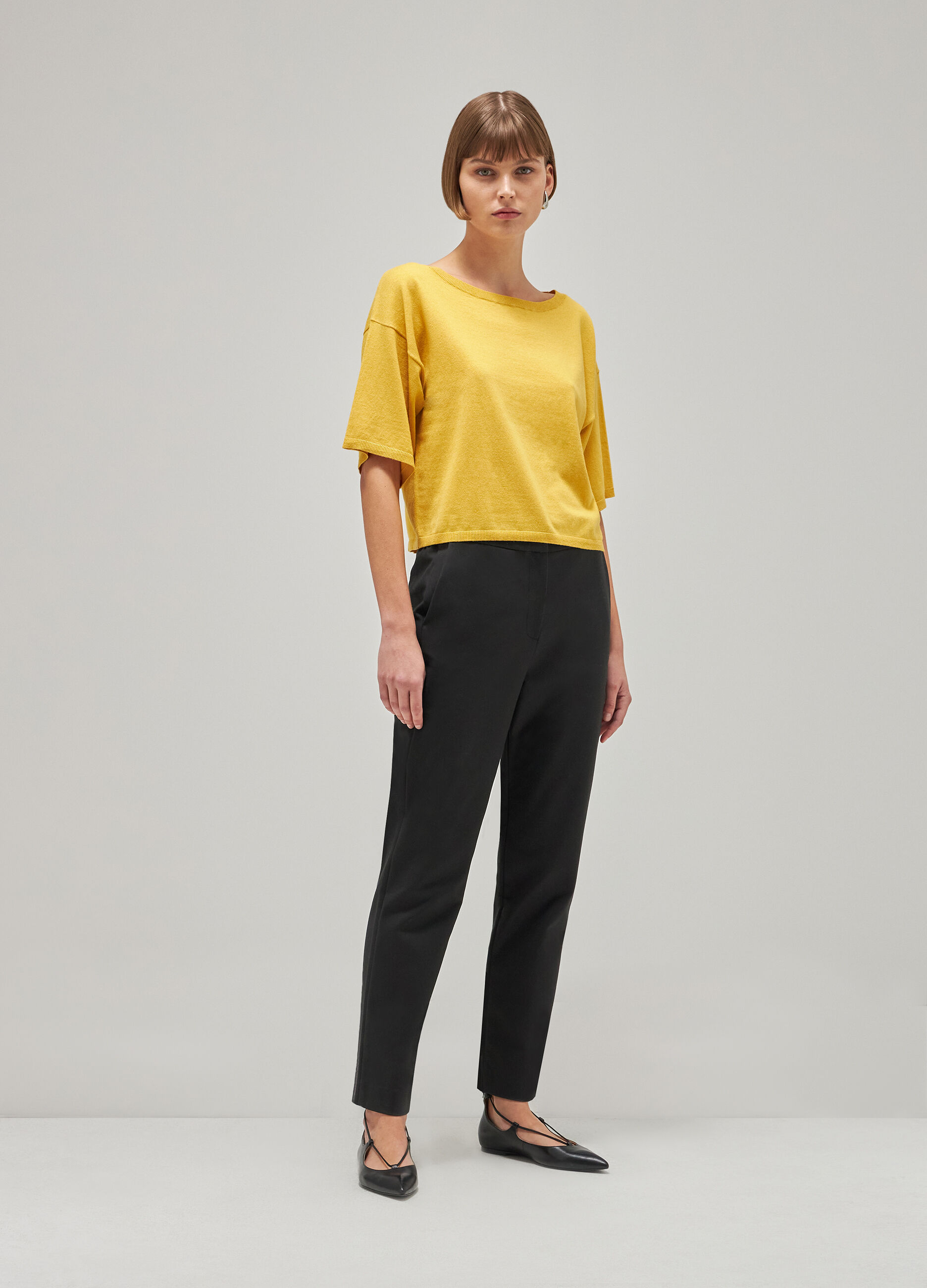 Yellow short-sleeved tricot sweater in silk and cotton_0