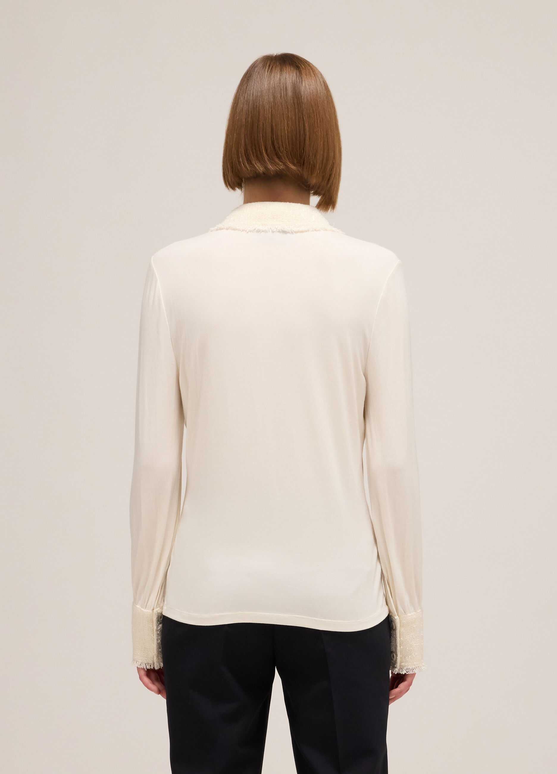 Polo shirt with long sleeves and bouclé inserts