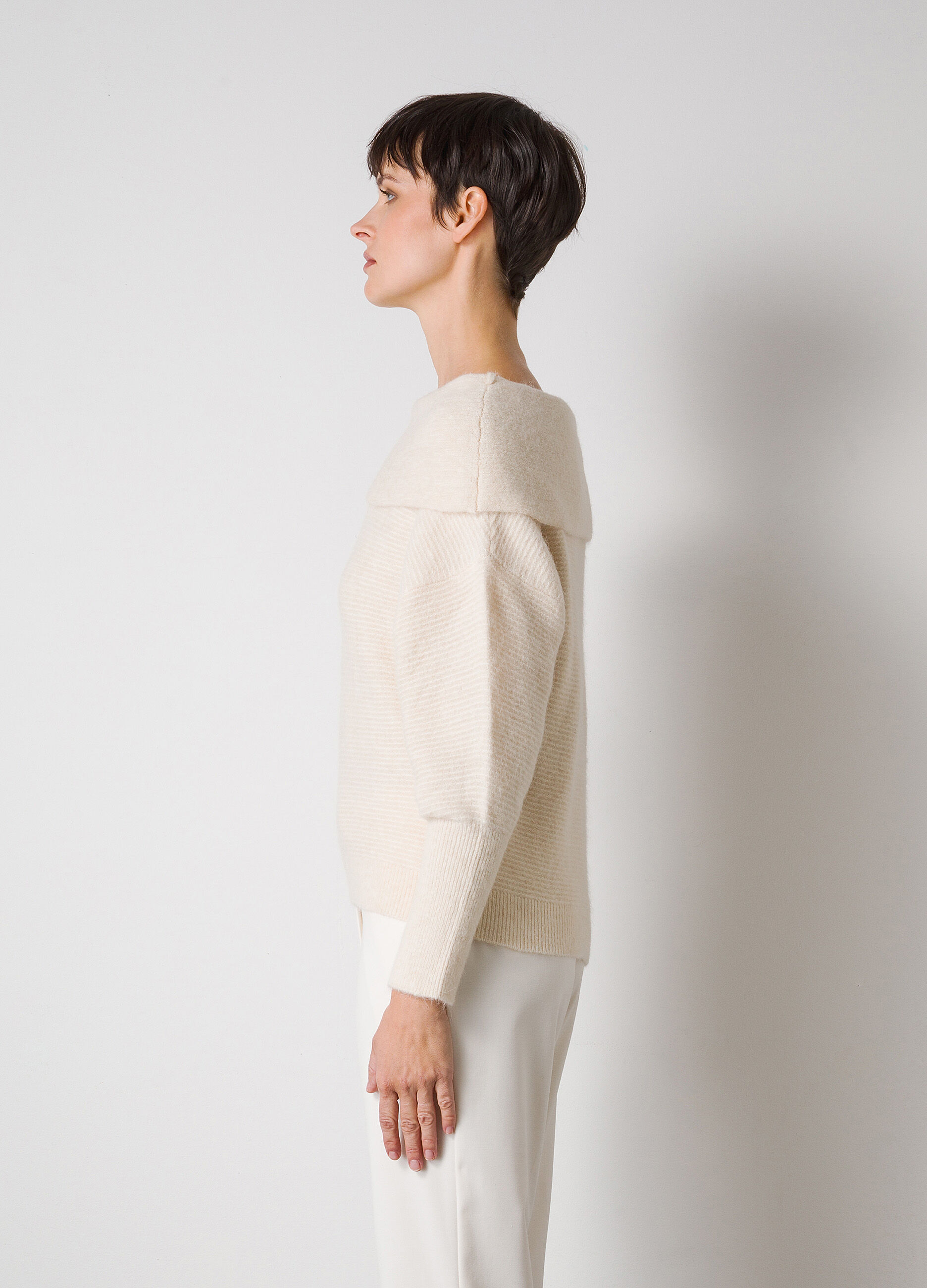 White cream off the shoulder wool and alpaca blend tricot top _3