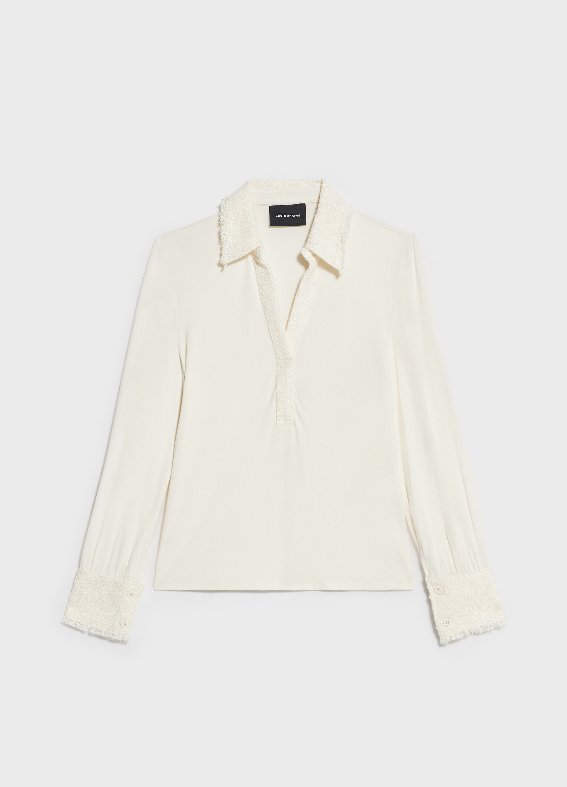 Polo shirt with long sleeves and bouclé inserts