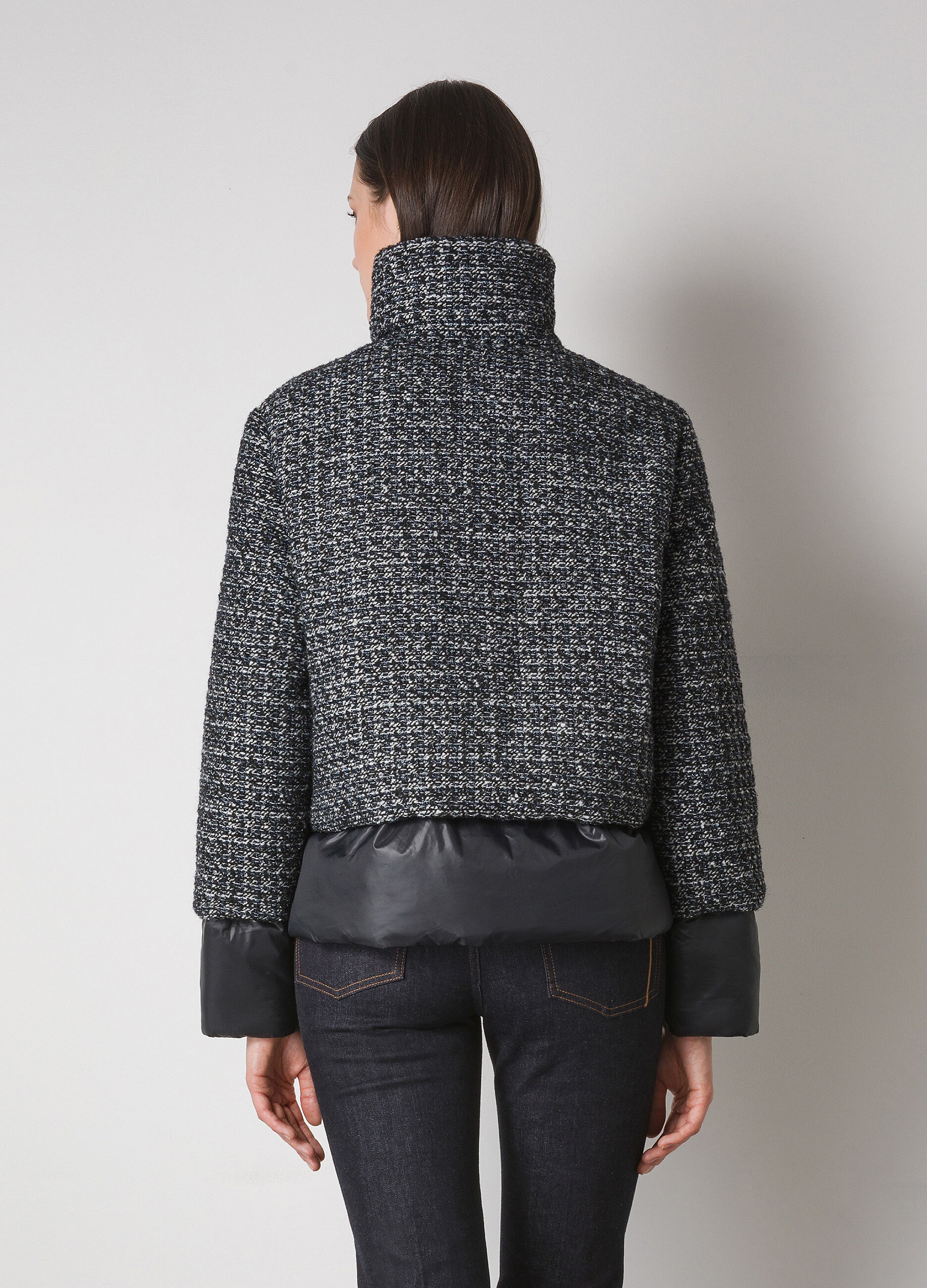 Down jacket with bouclé wool blend exterior