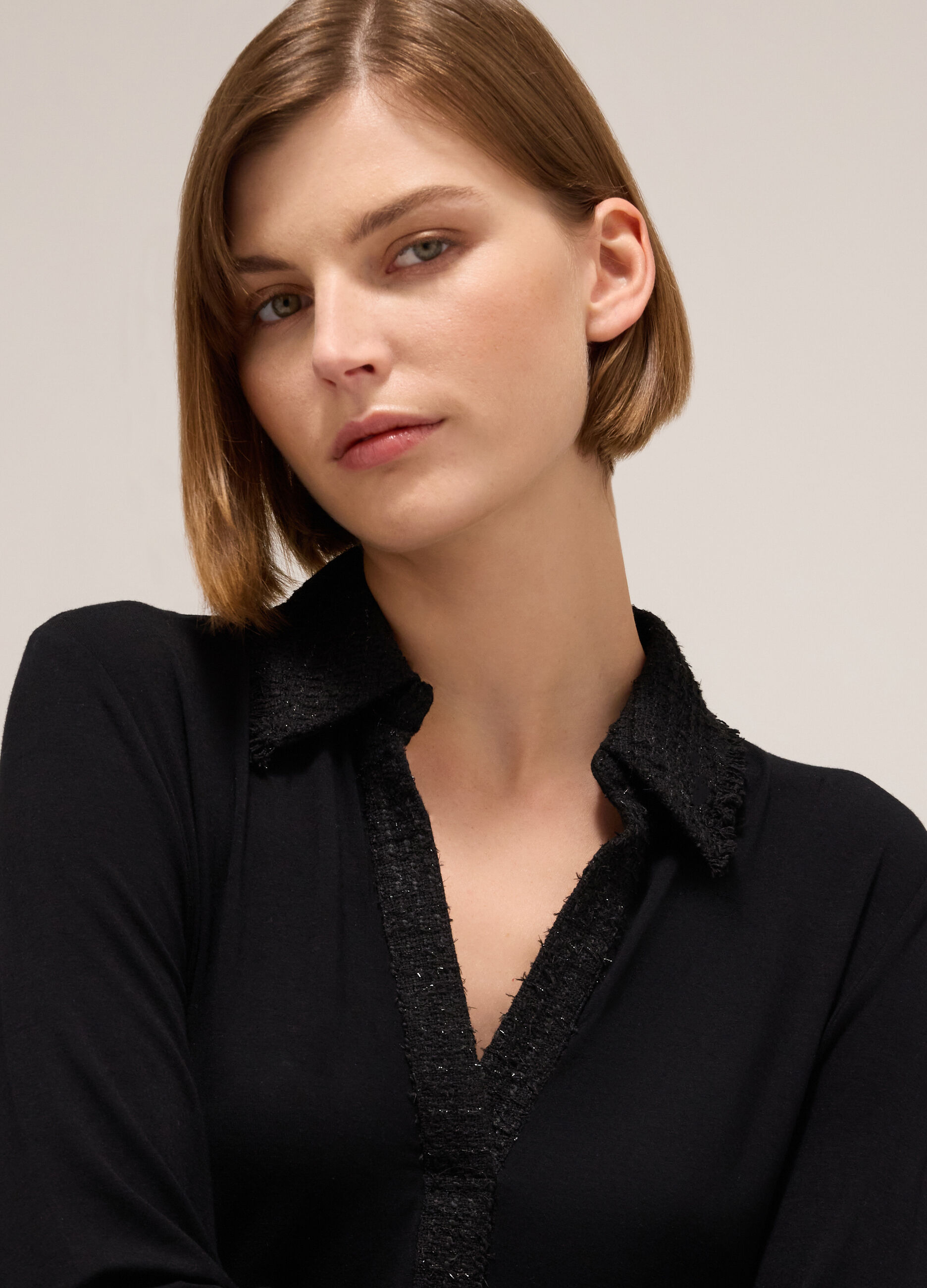 Polo shirt with long sleeves and bouclé inserts