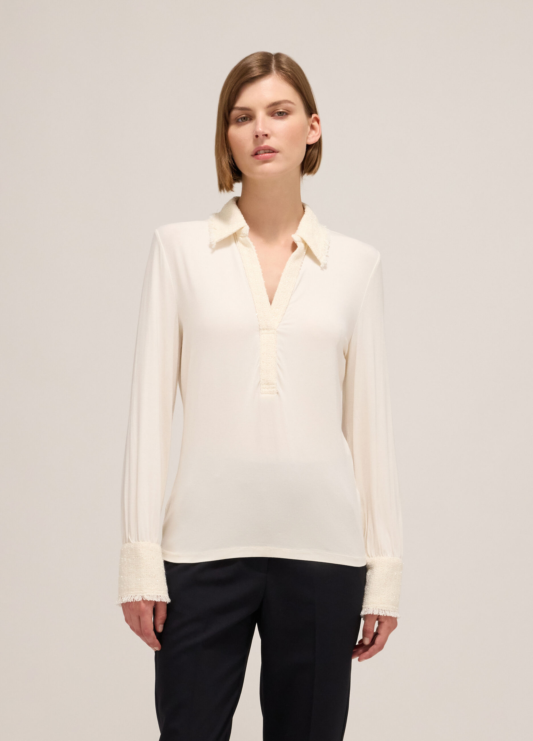 Polo shirt with long sleeves and bouclé inserts