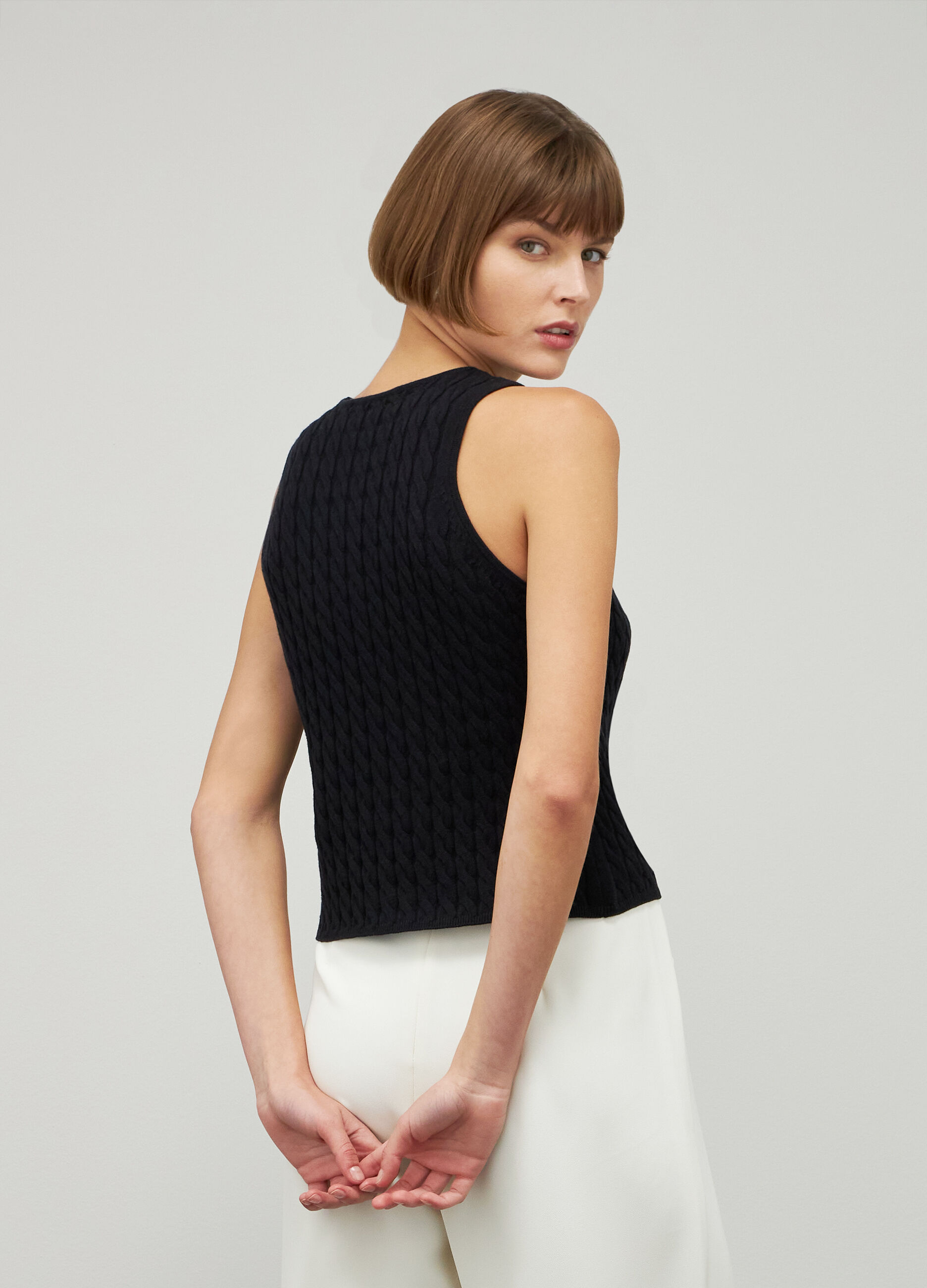 Black cable-knit tank top in cotton and silk_2