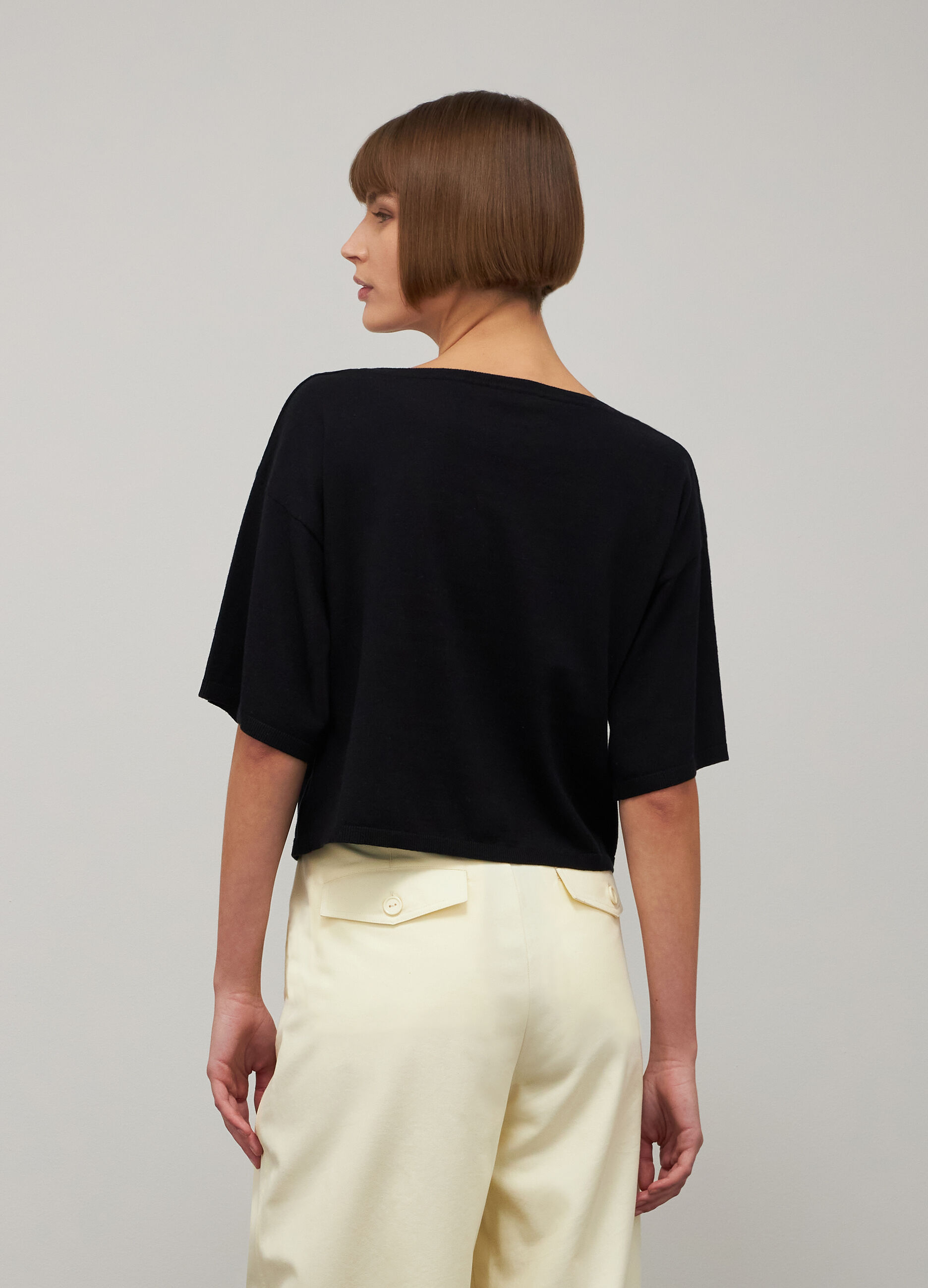Black short-sleeved tricot sweater in silk and cotton_2