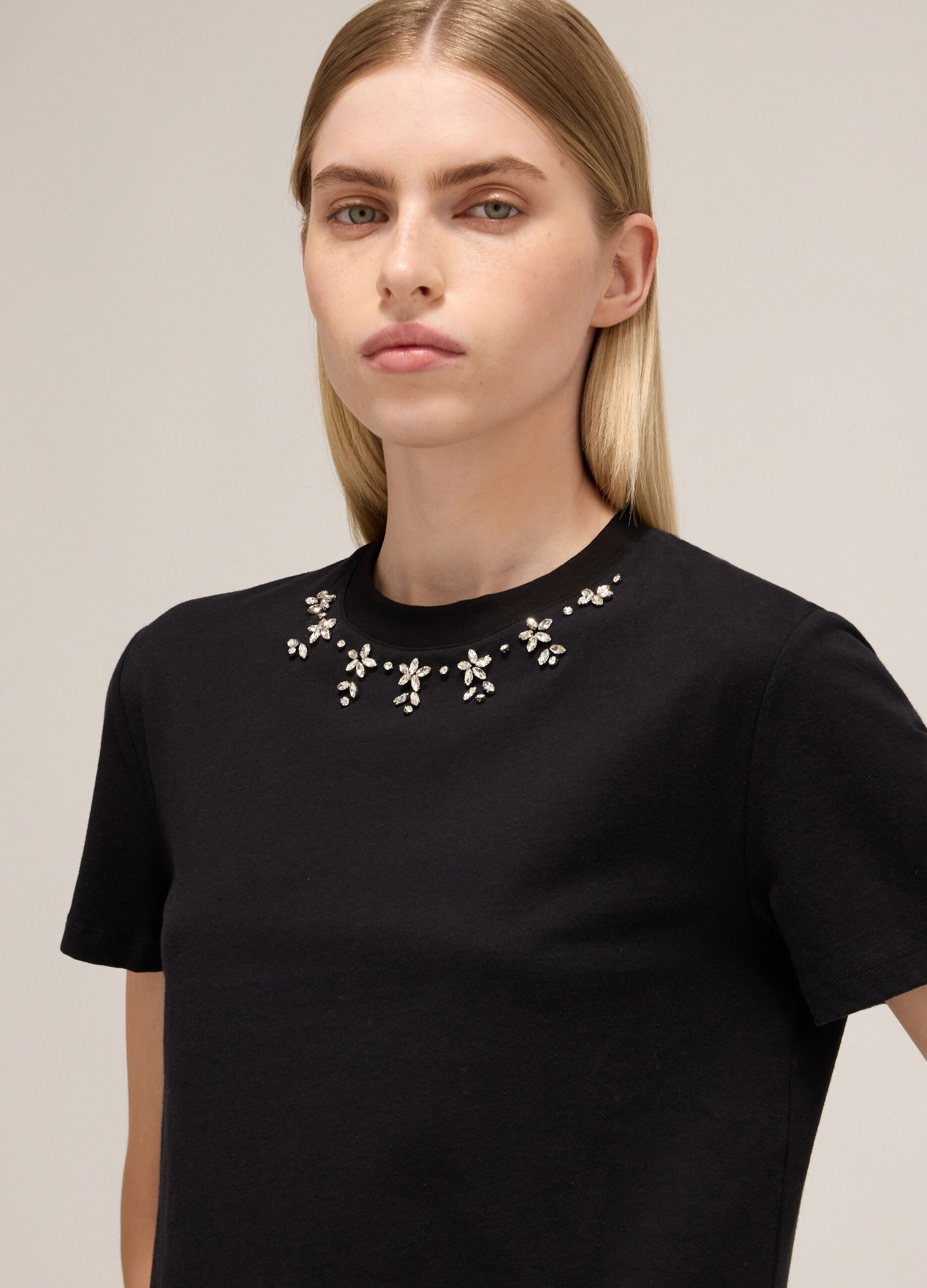Stretch cotton T-shirt with diamantés