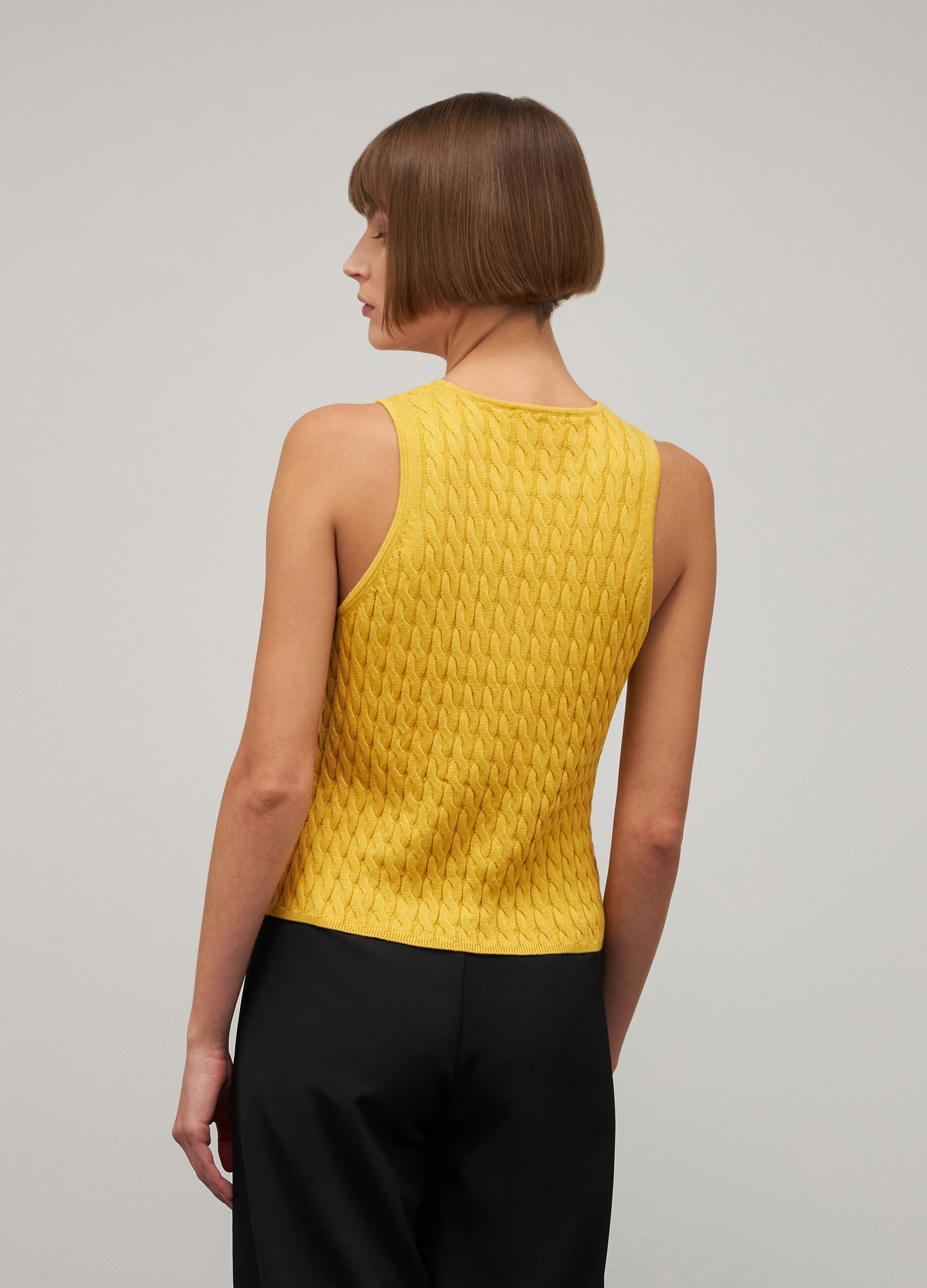 Yellow cable-knit tank top in cotton and silk_2