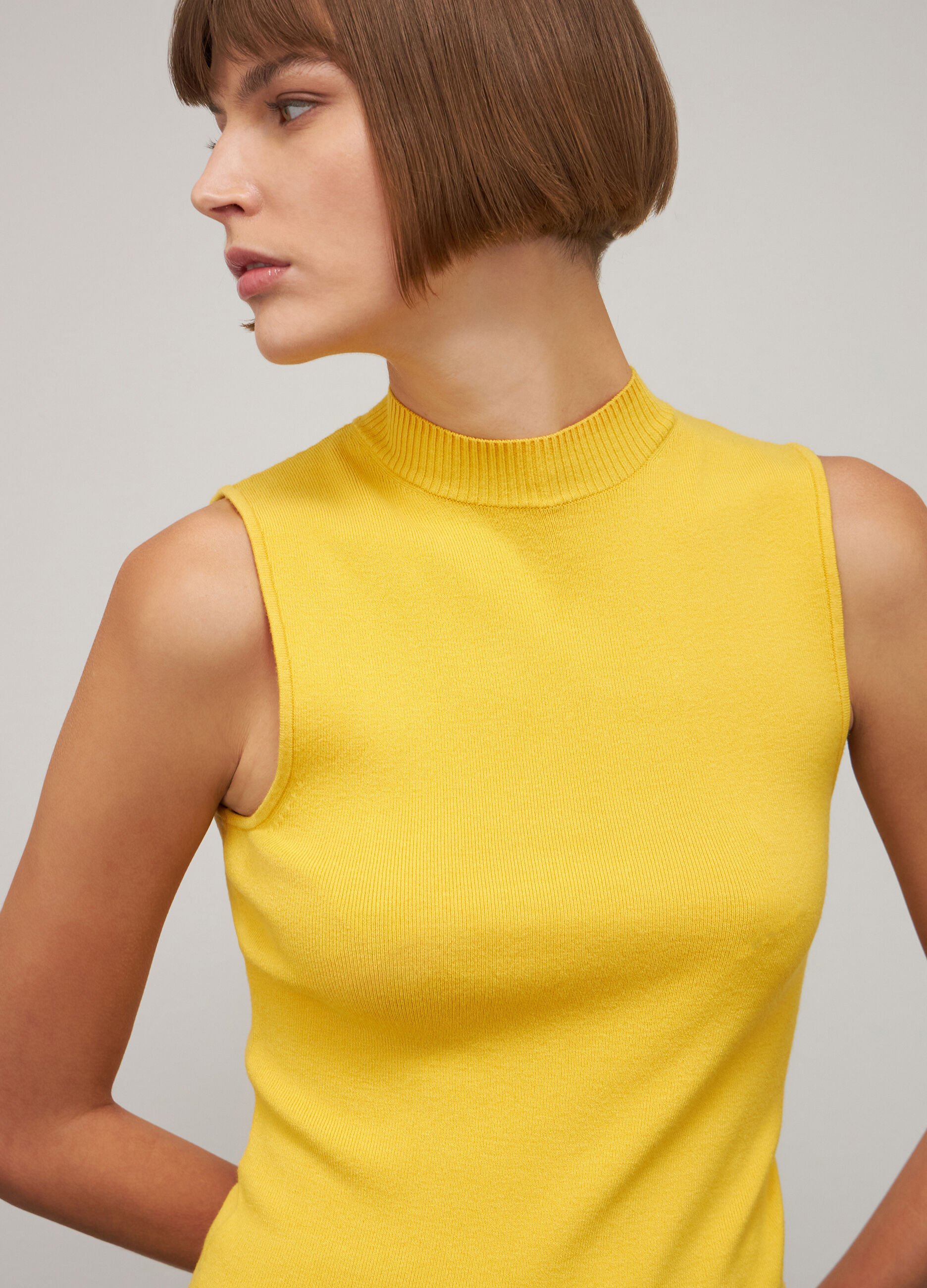 Yellow viscose blend high neck tricot top_3