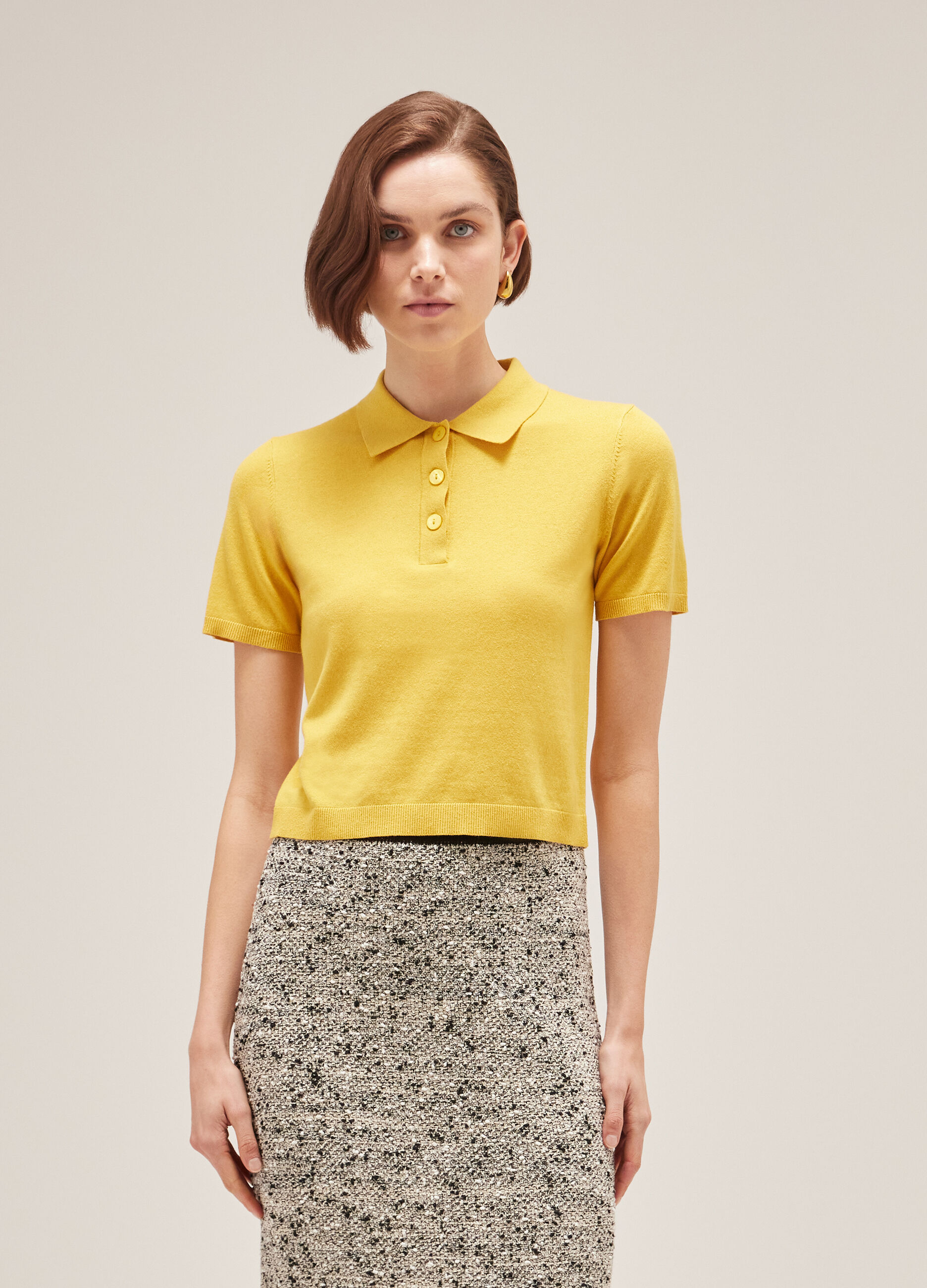 Short-sleeved tricot polo shirt in cotton and silk_1