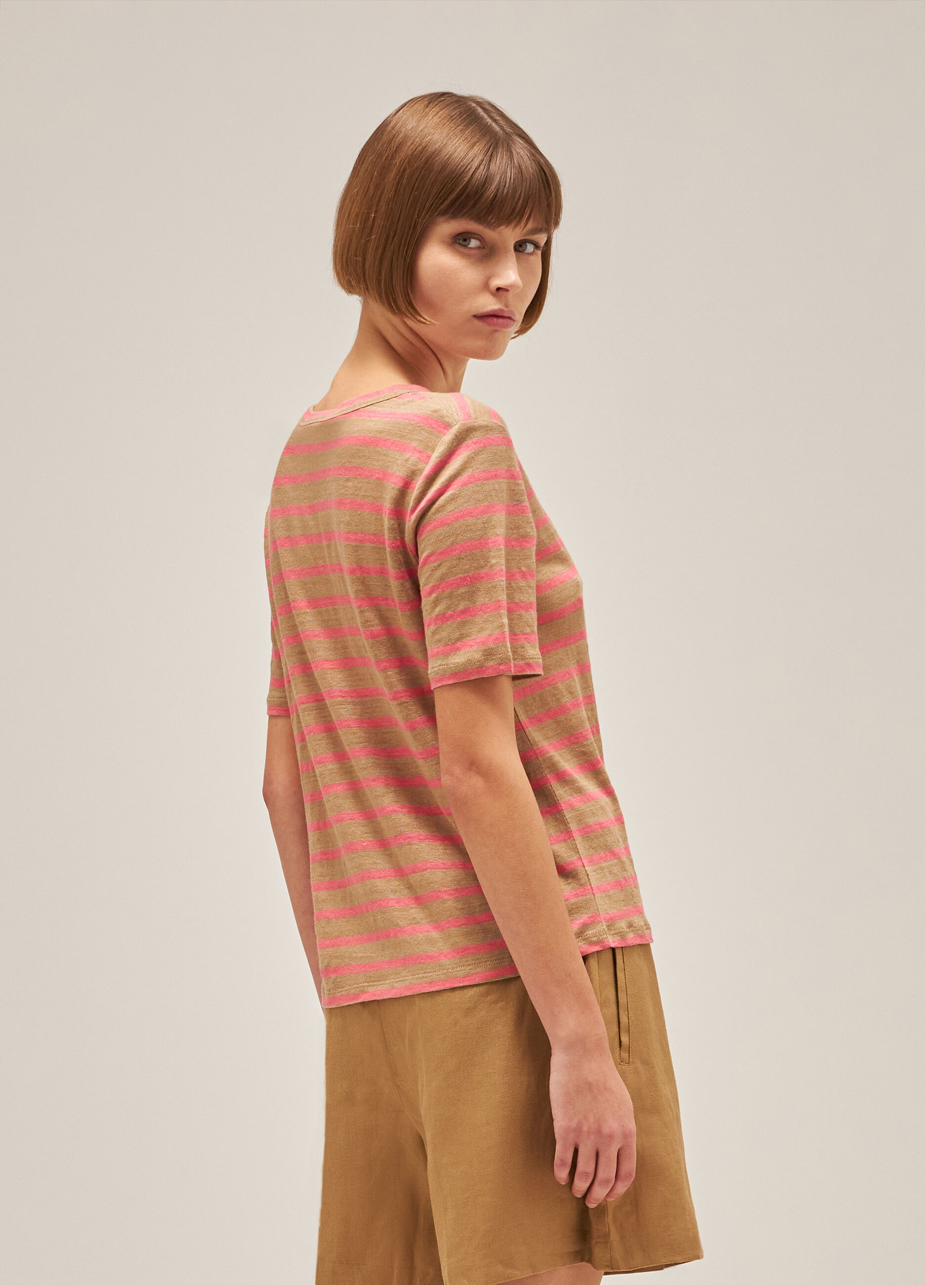 Pink and brown striped linen T-shirt_2