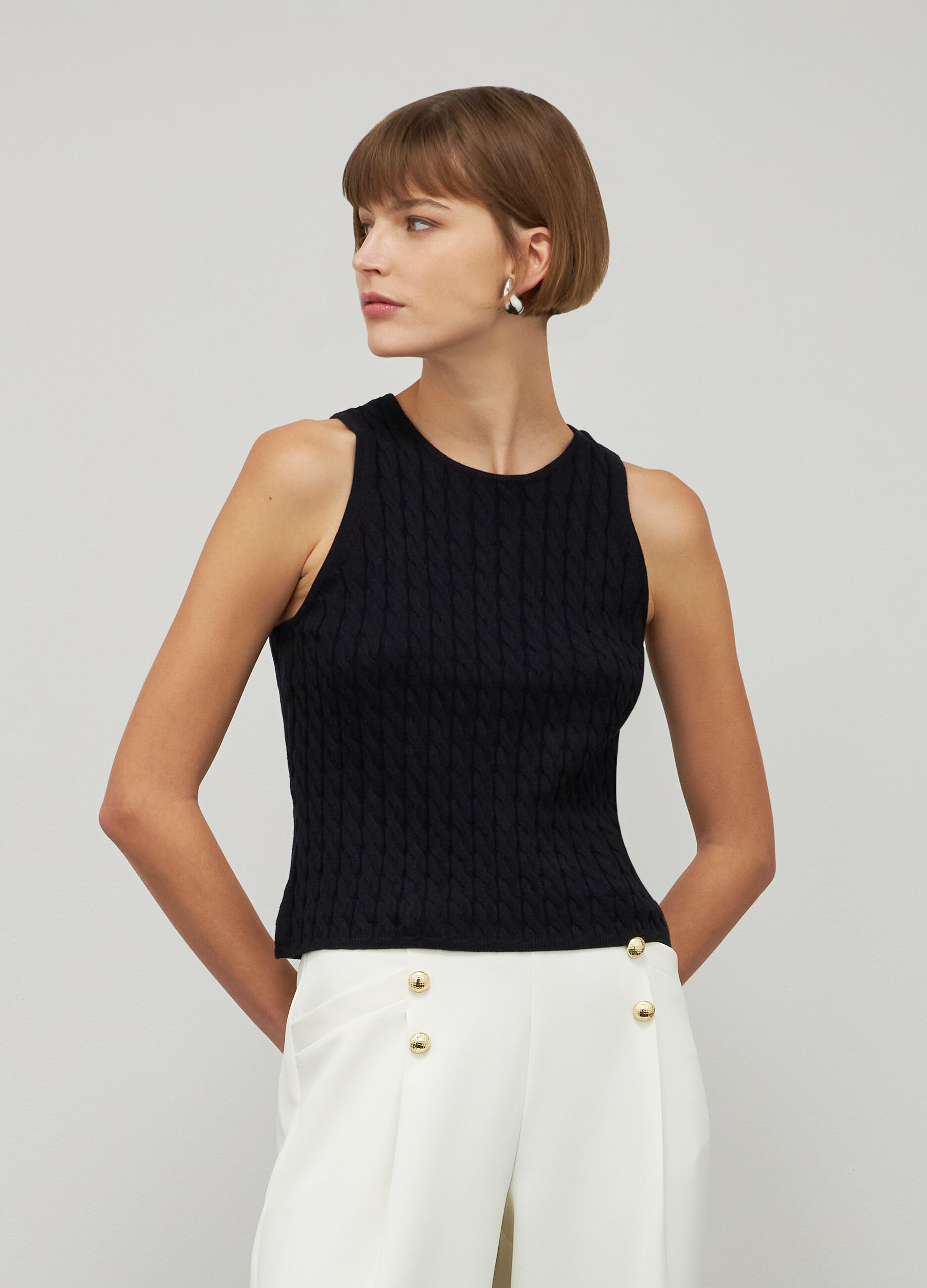 Black cable-knit tank top in cotton and silk_1