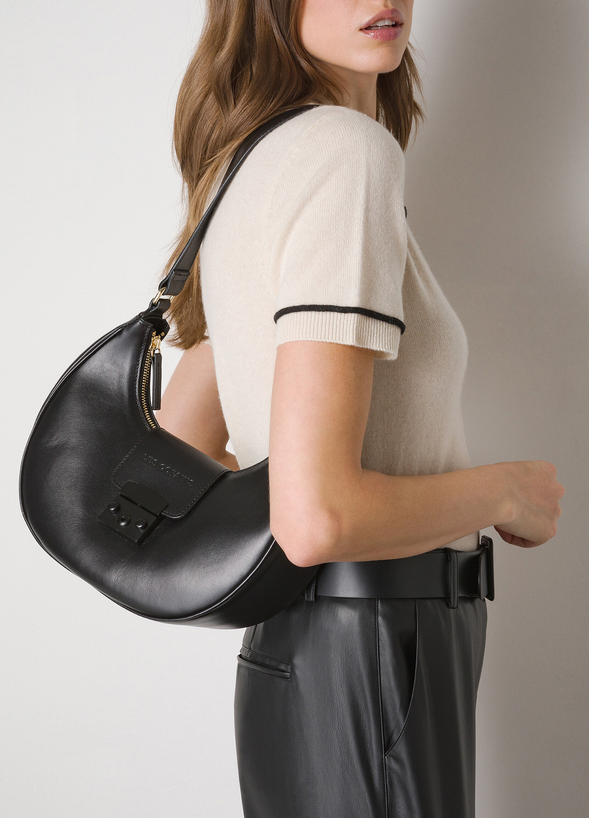 Black genuine leather hobo bag