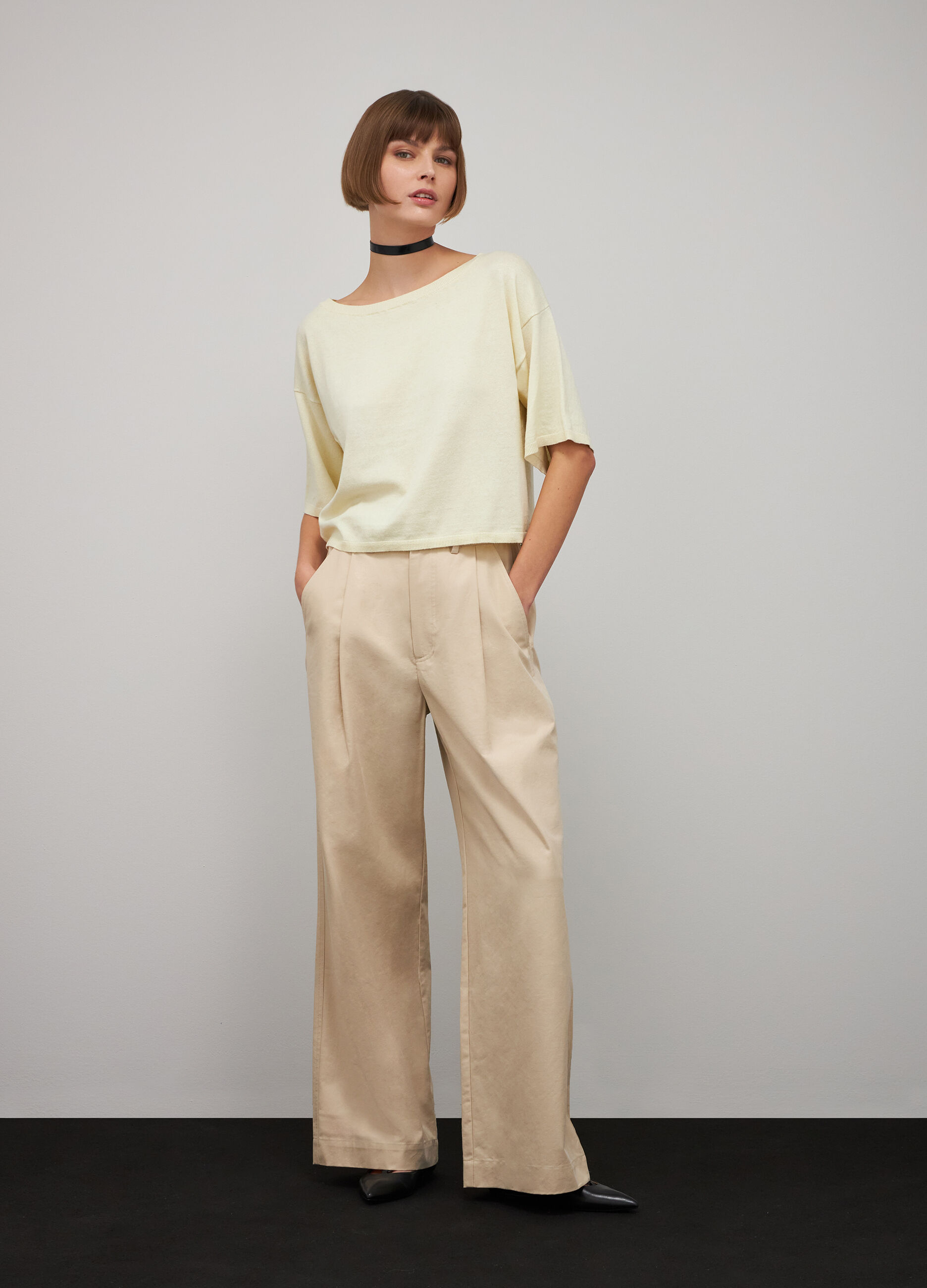 Beige short-sleeved tricot sweater in silk and cotton_0