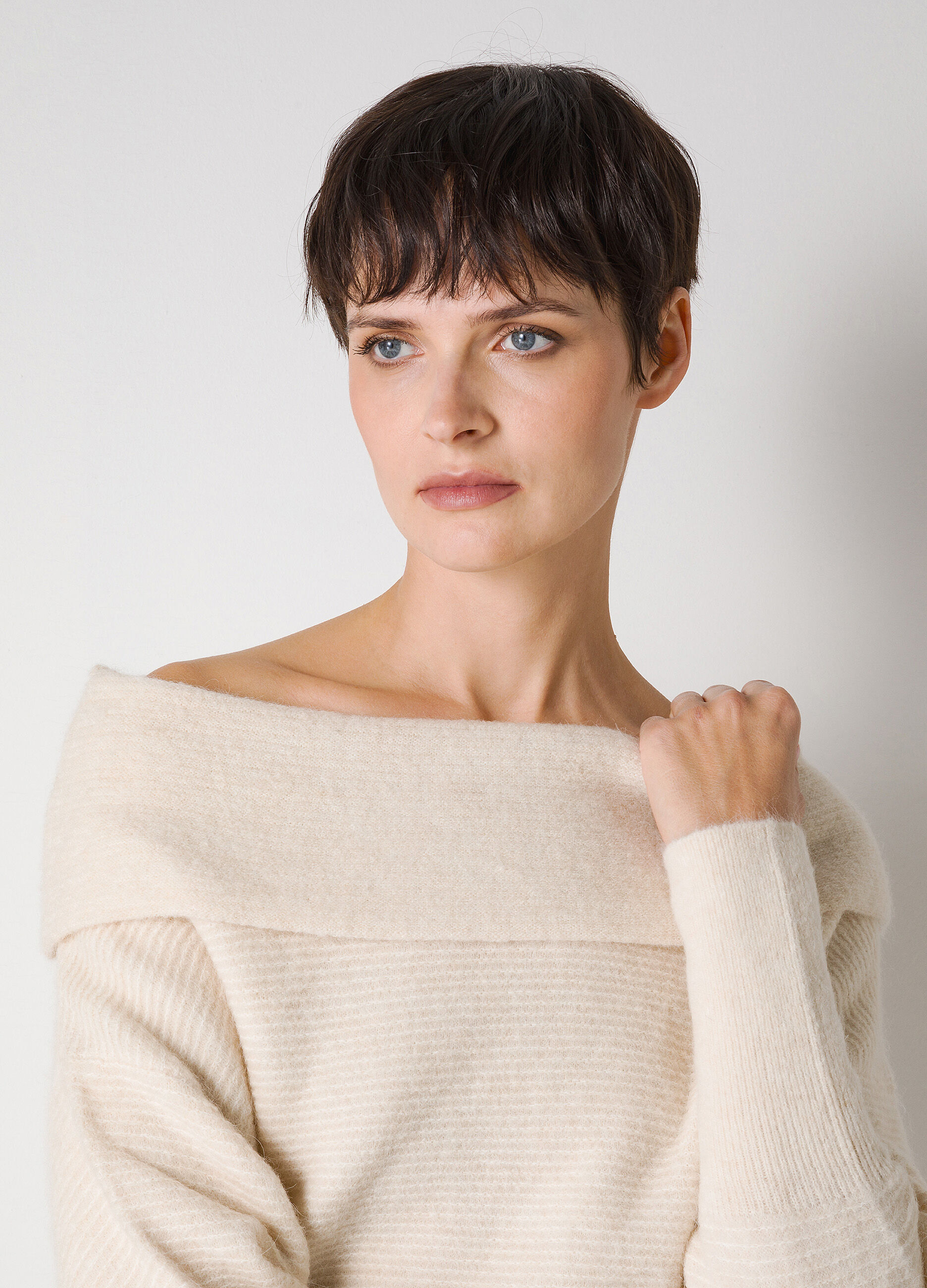 White cream off the shoulder wool and alpaca blend tricot top 