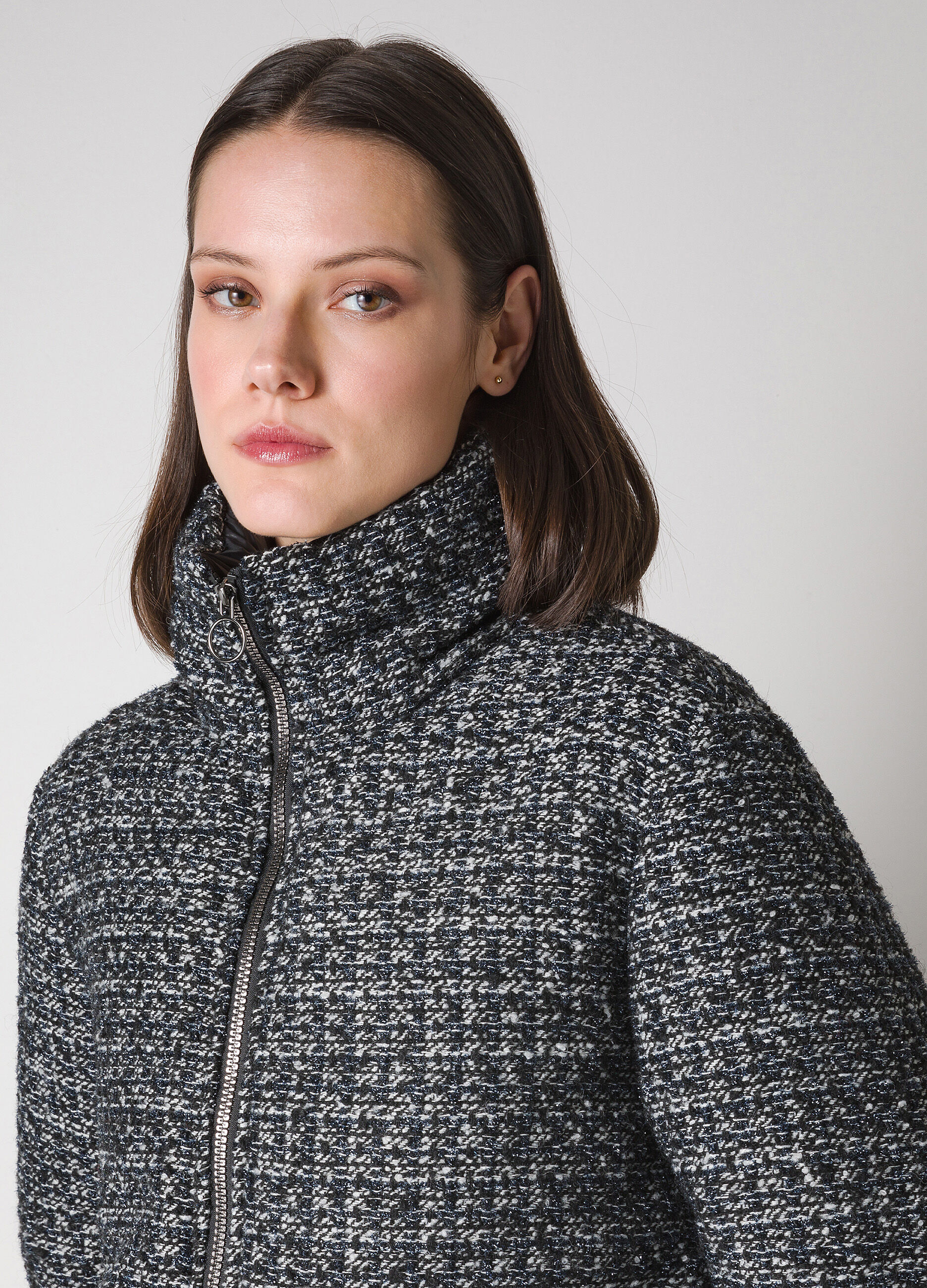 Down jacket with bouclé wool blend exterior