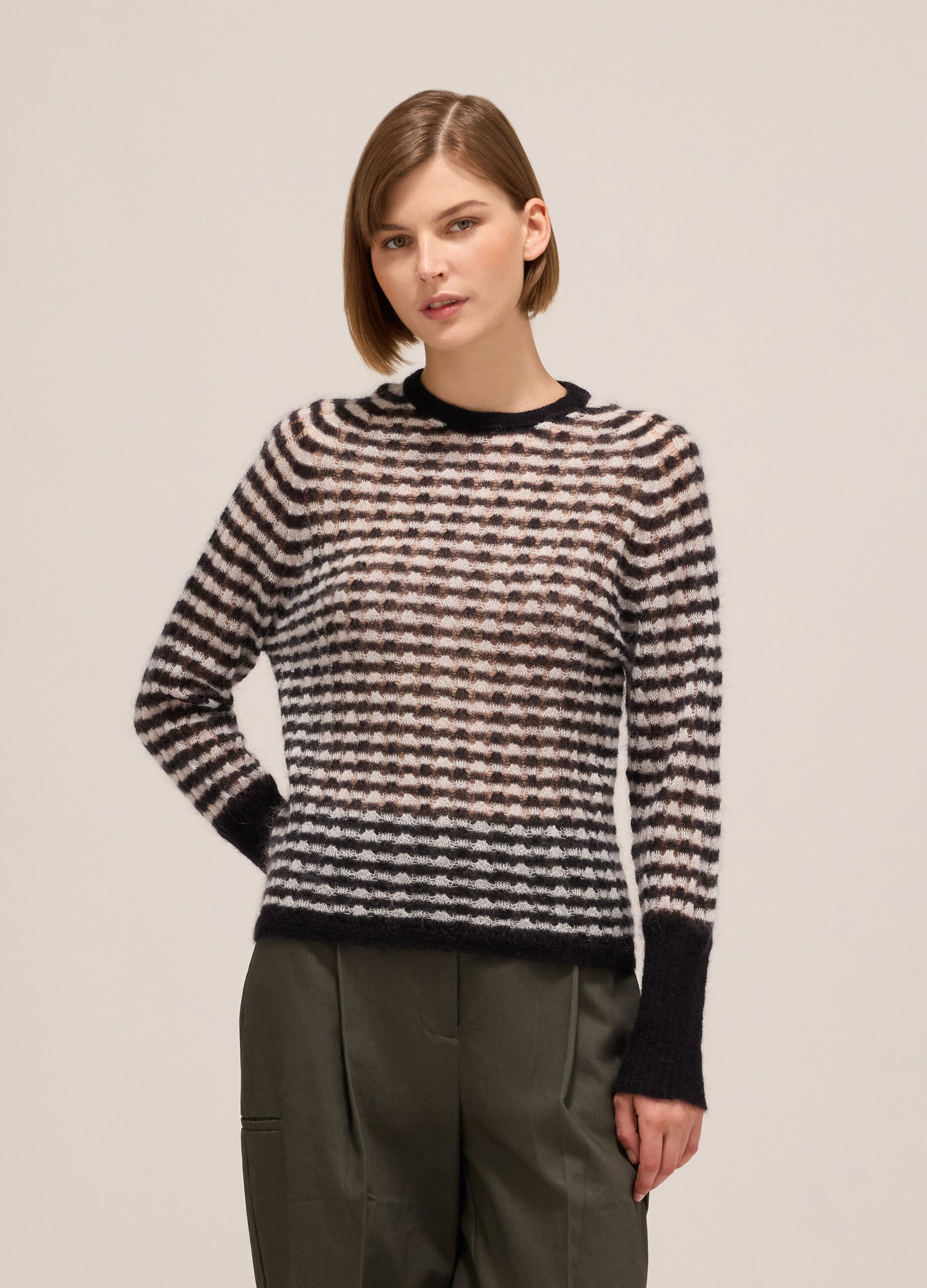 Striped crew-neck sweater in wool and mohair blend