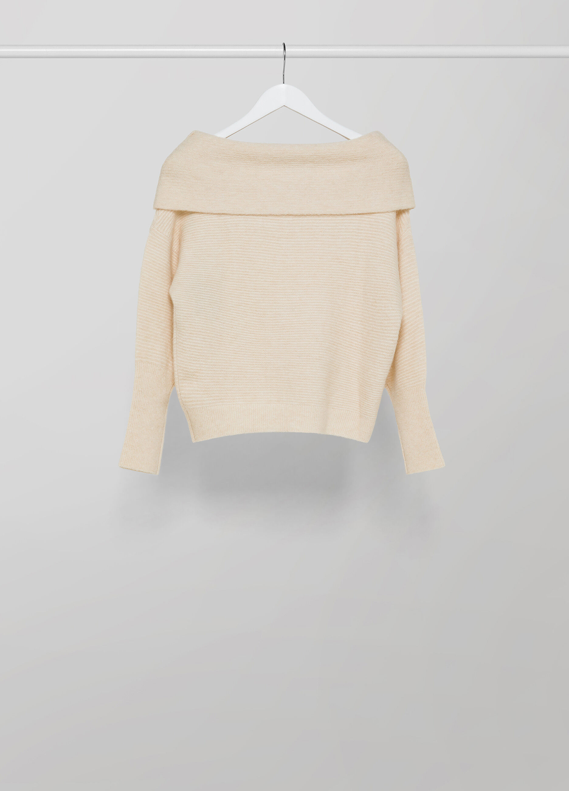 White cream off the shoulder wool and alpaca blend tricot top 