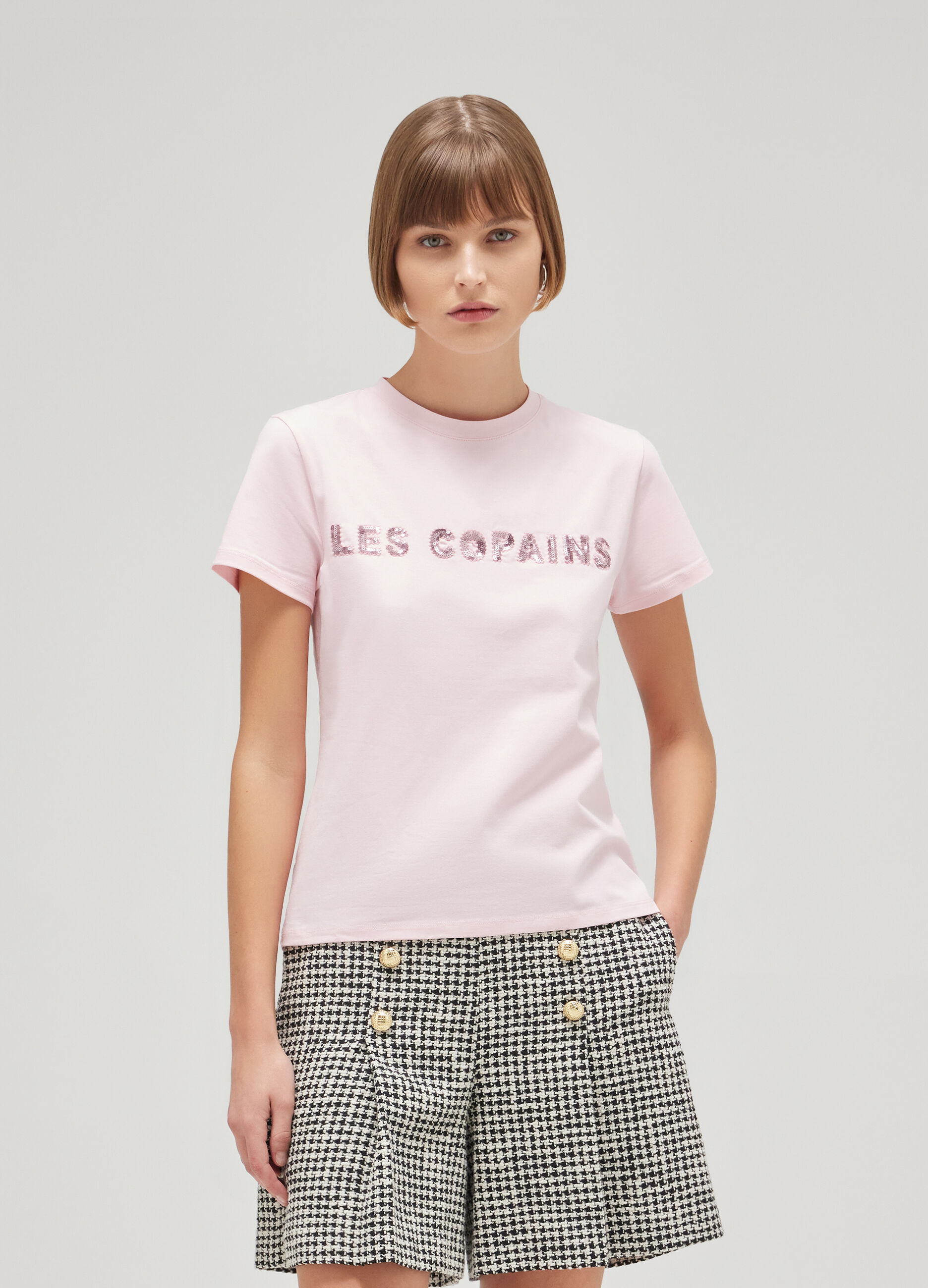 Pink half-sleeve T-shirt in stretch cotton