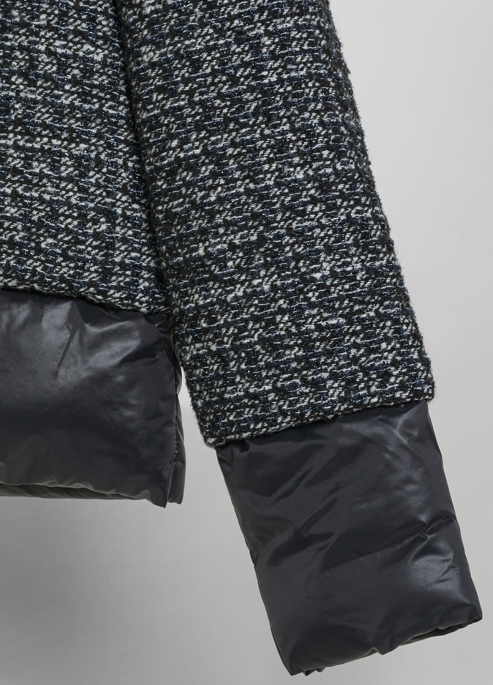Down jacket with bouclé wool blend exterior