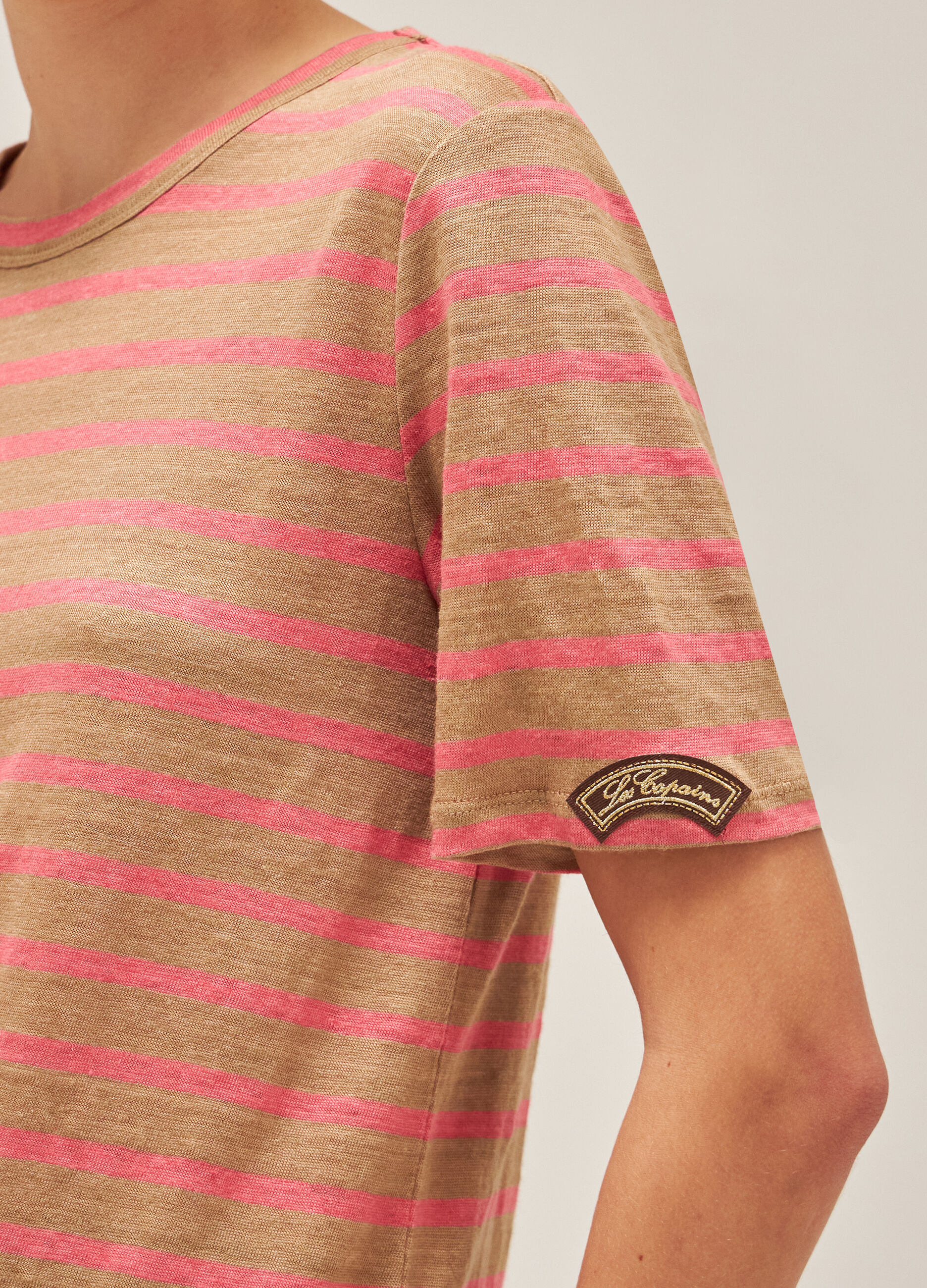Pink and brown striped linen T-shirt