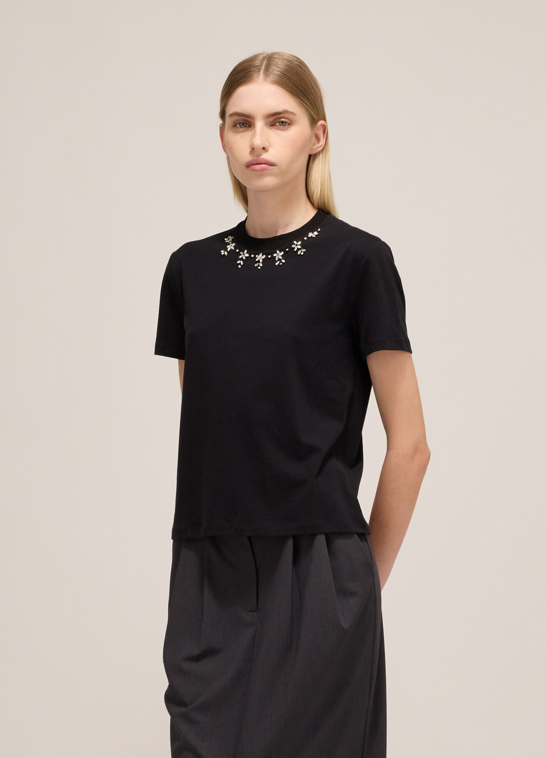 Stretch cotton T-shirt with diamantés