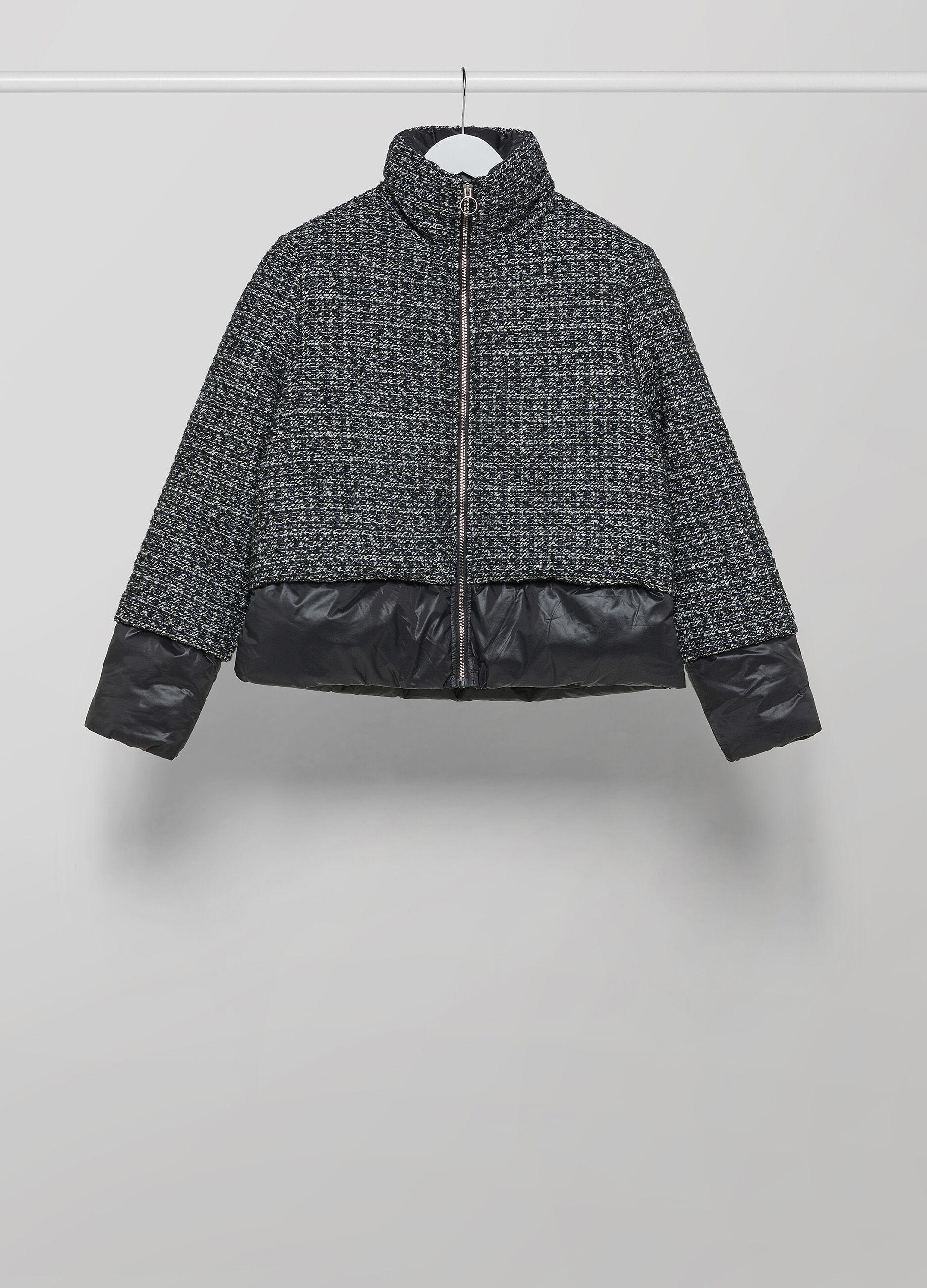 Down jacket with bouclé wool blend exterior