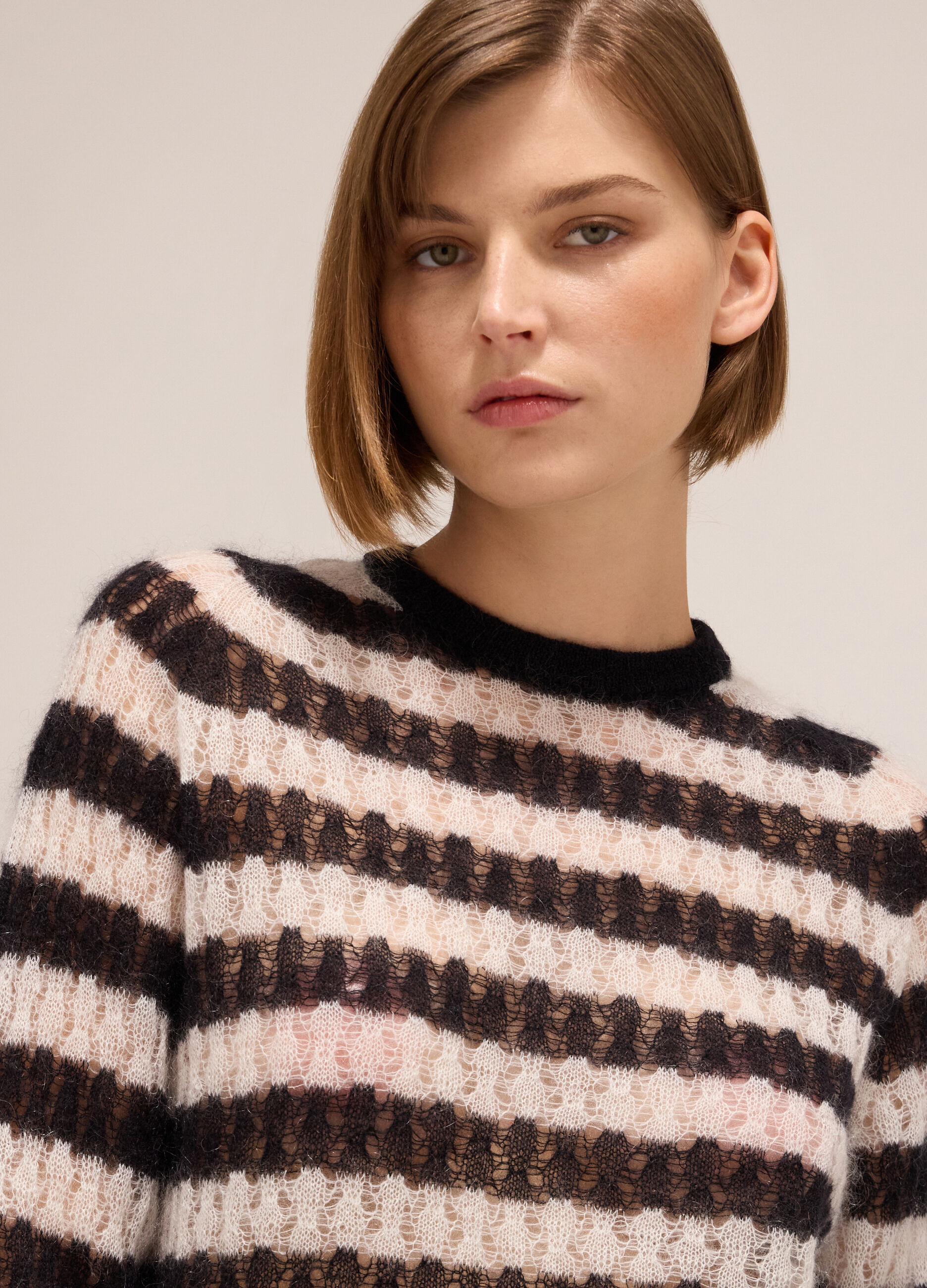 Striped crew-neck sweater in wool and mohair blend