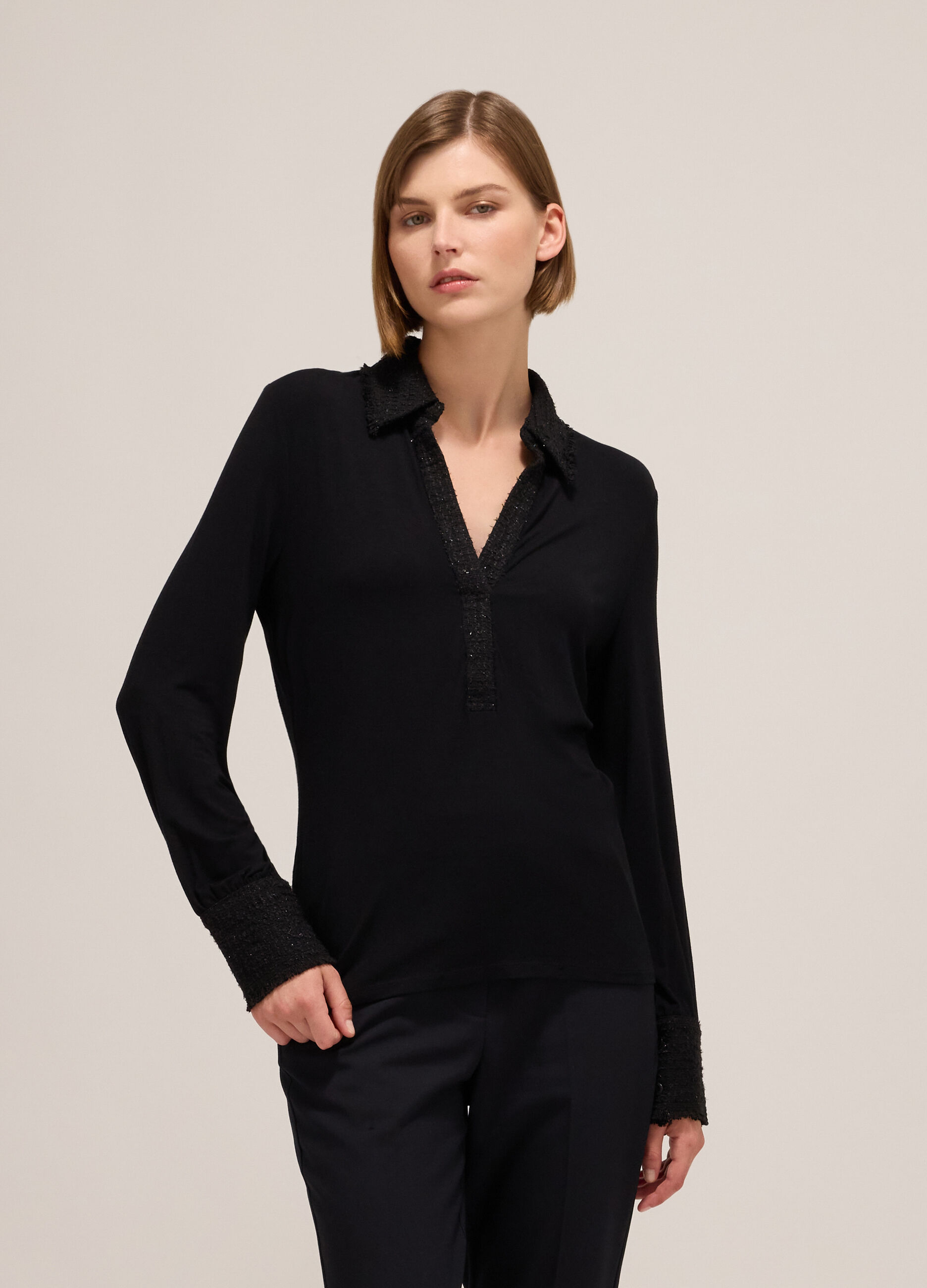 Polo shirt with long sleeves and bouclé inserts