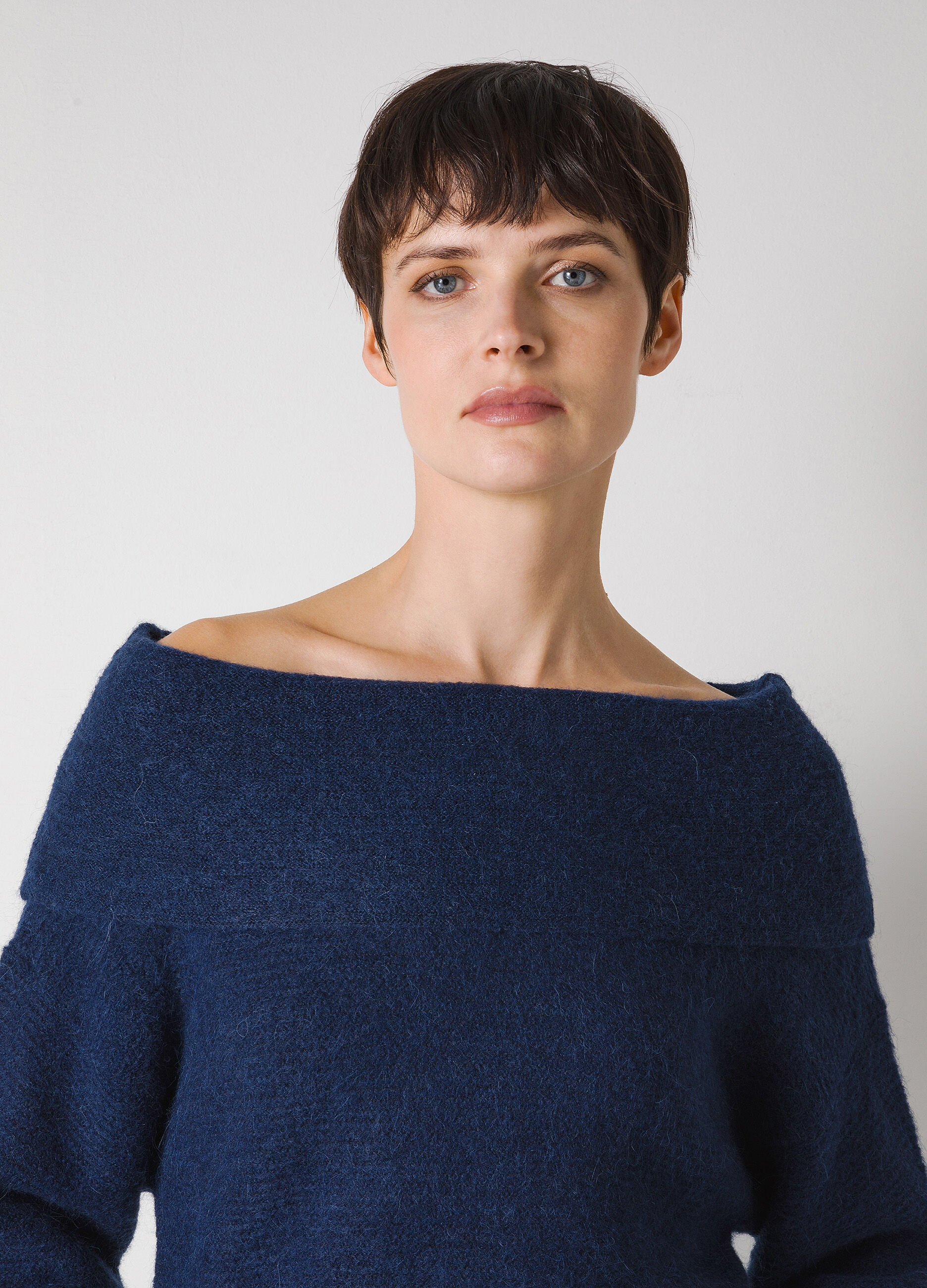 Blue off the shoulder wool and alpaca blend tricot top _2