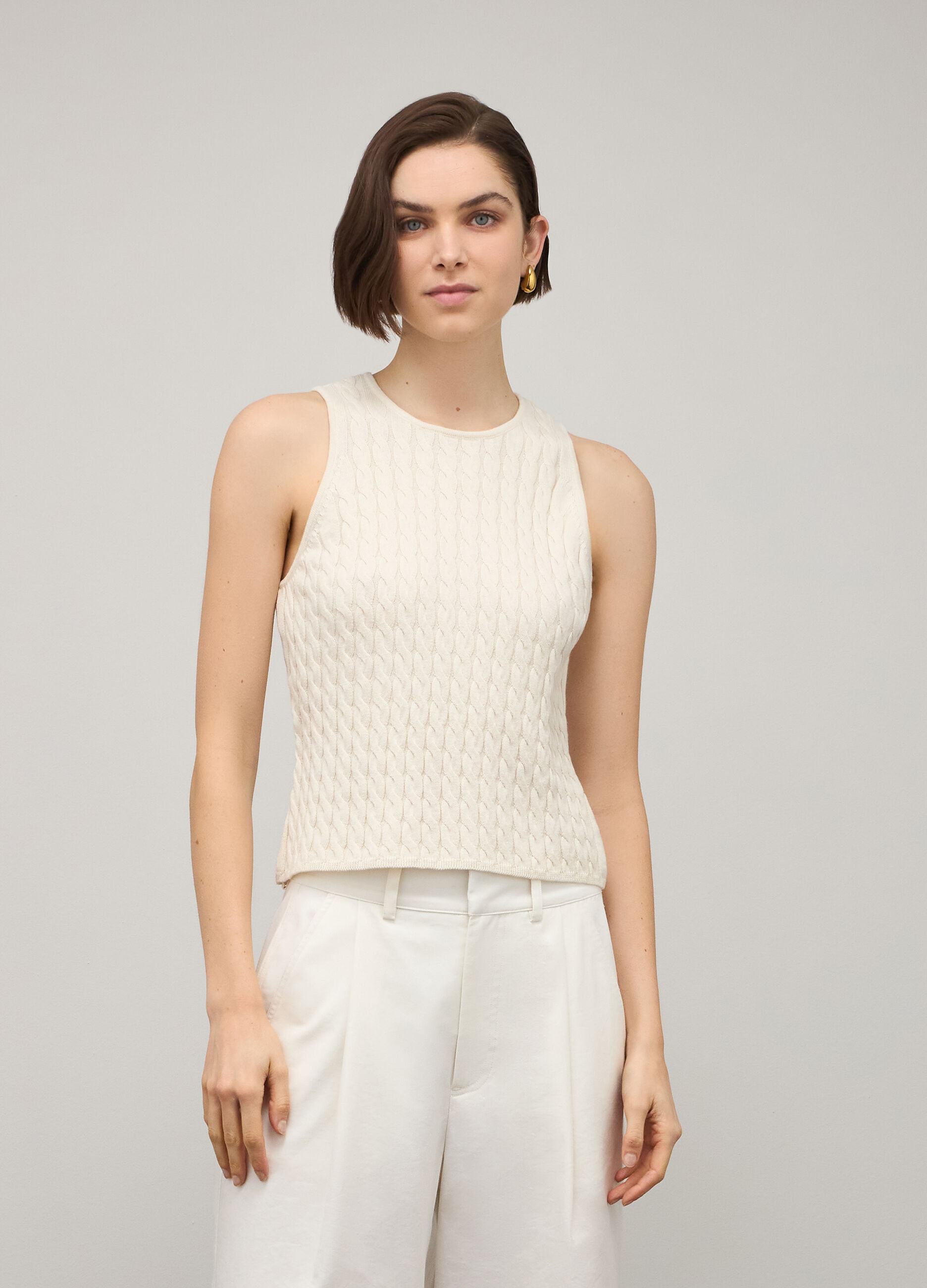 White cable-knit tank top in cotton and silk_1