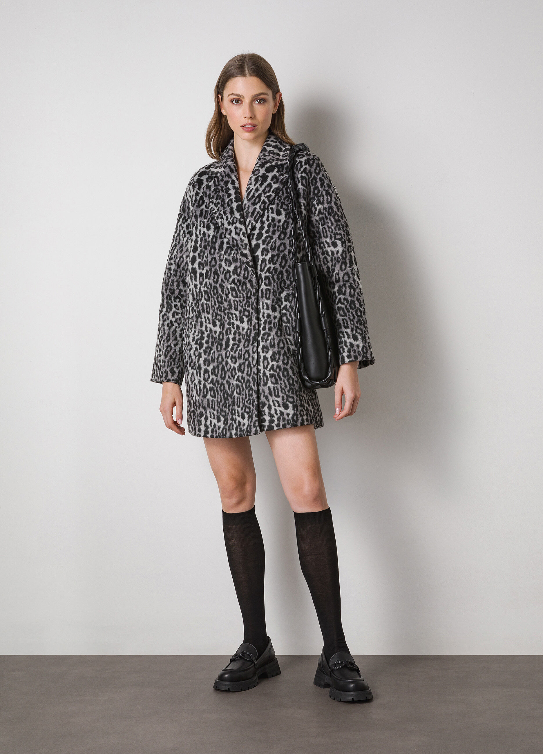 Wool blend coat with animal print_0
