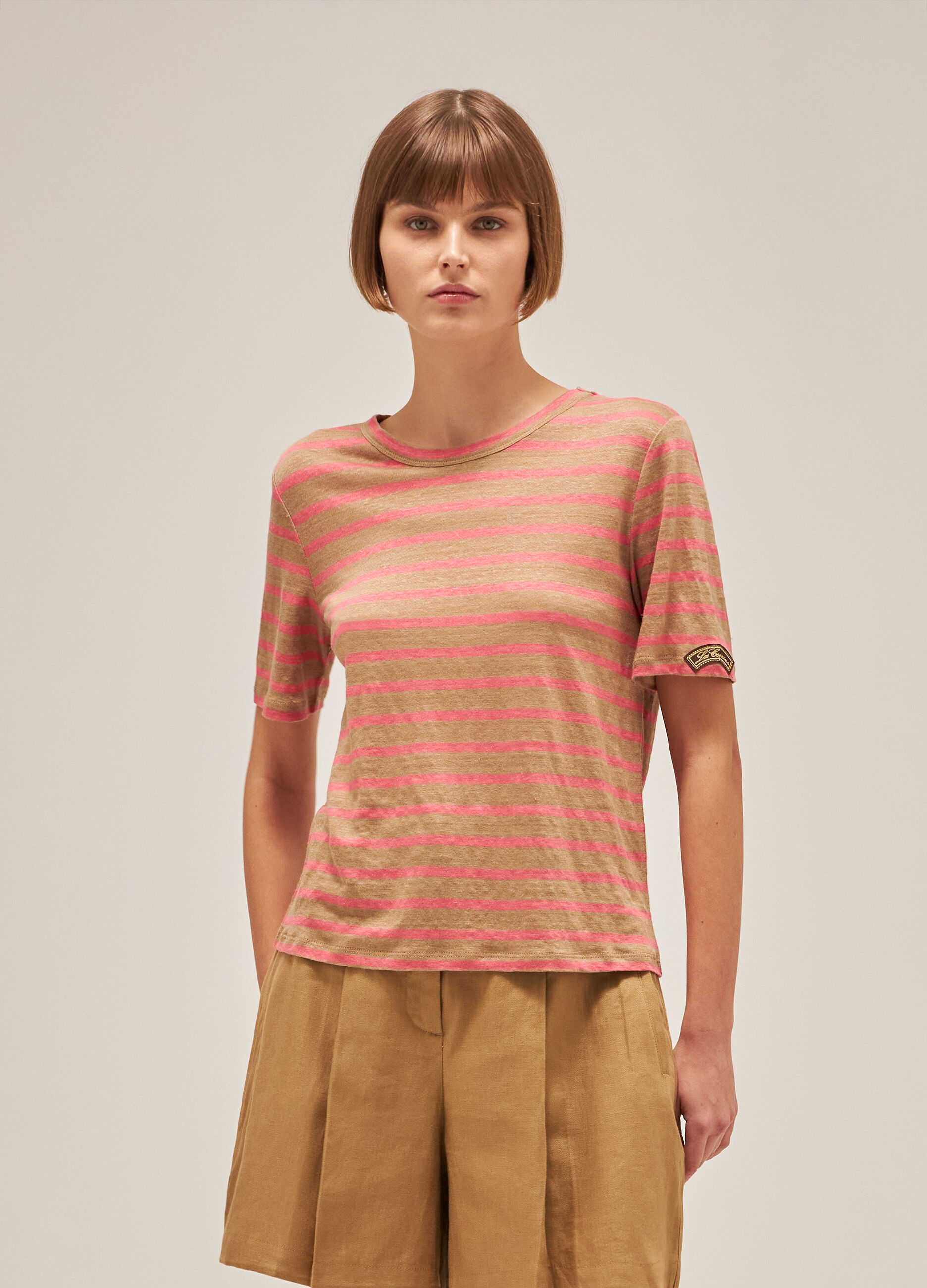 Pink and brown striped linen T-shirt_1