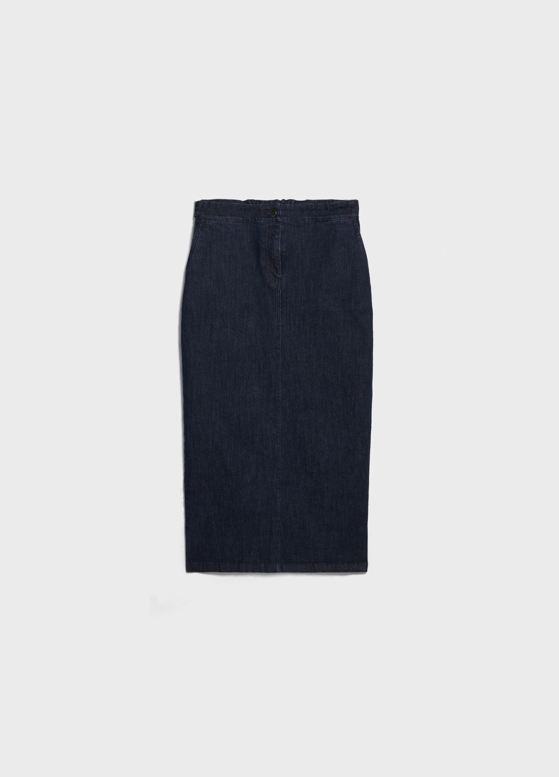 Long denim skirt with slit.