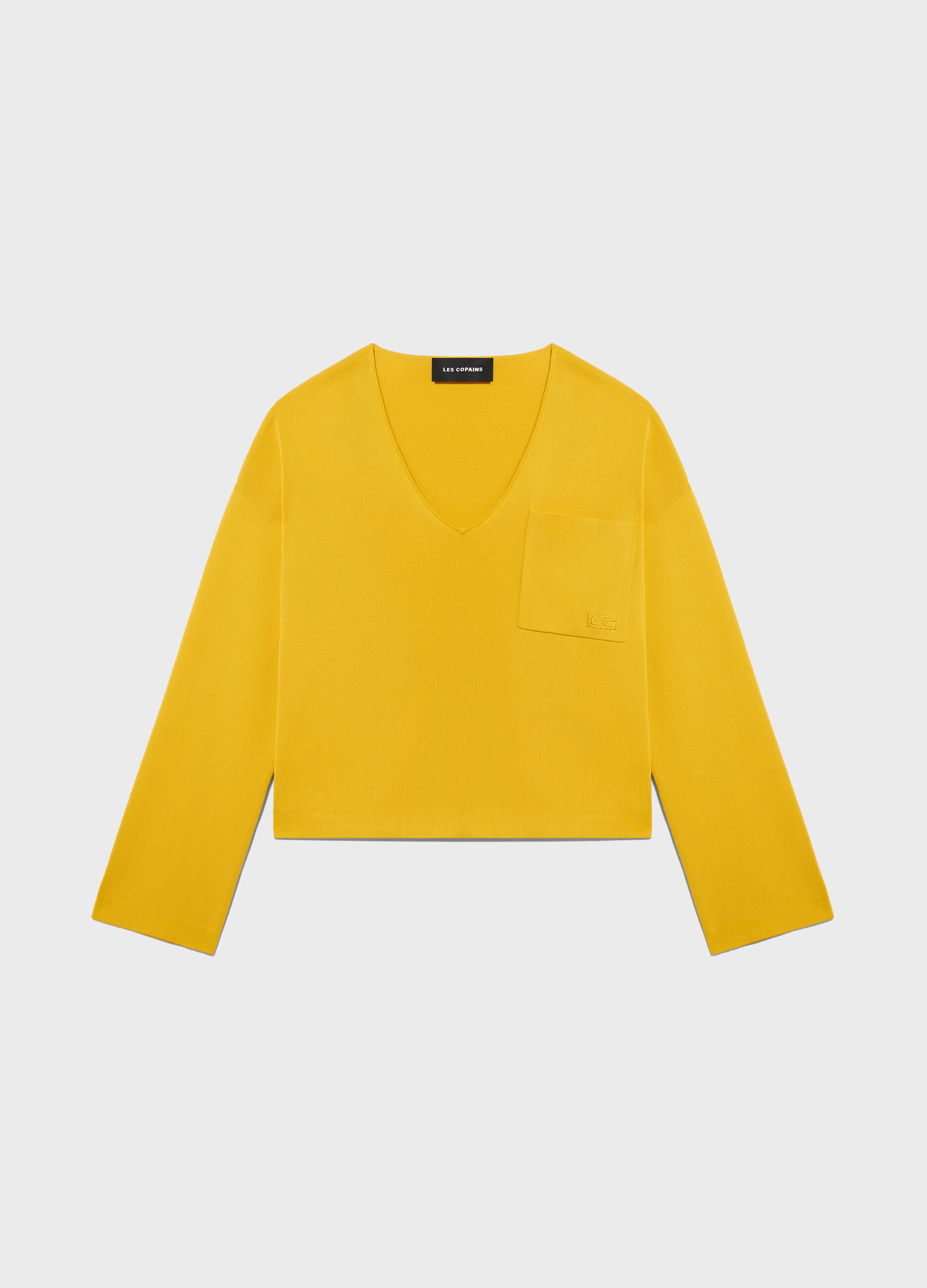 Yellow viscose blend V-neck tricot sweater_4