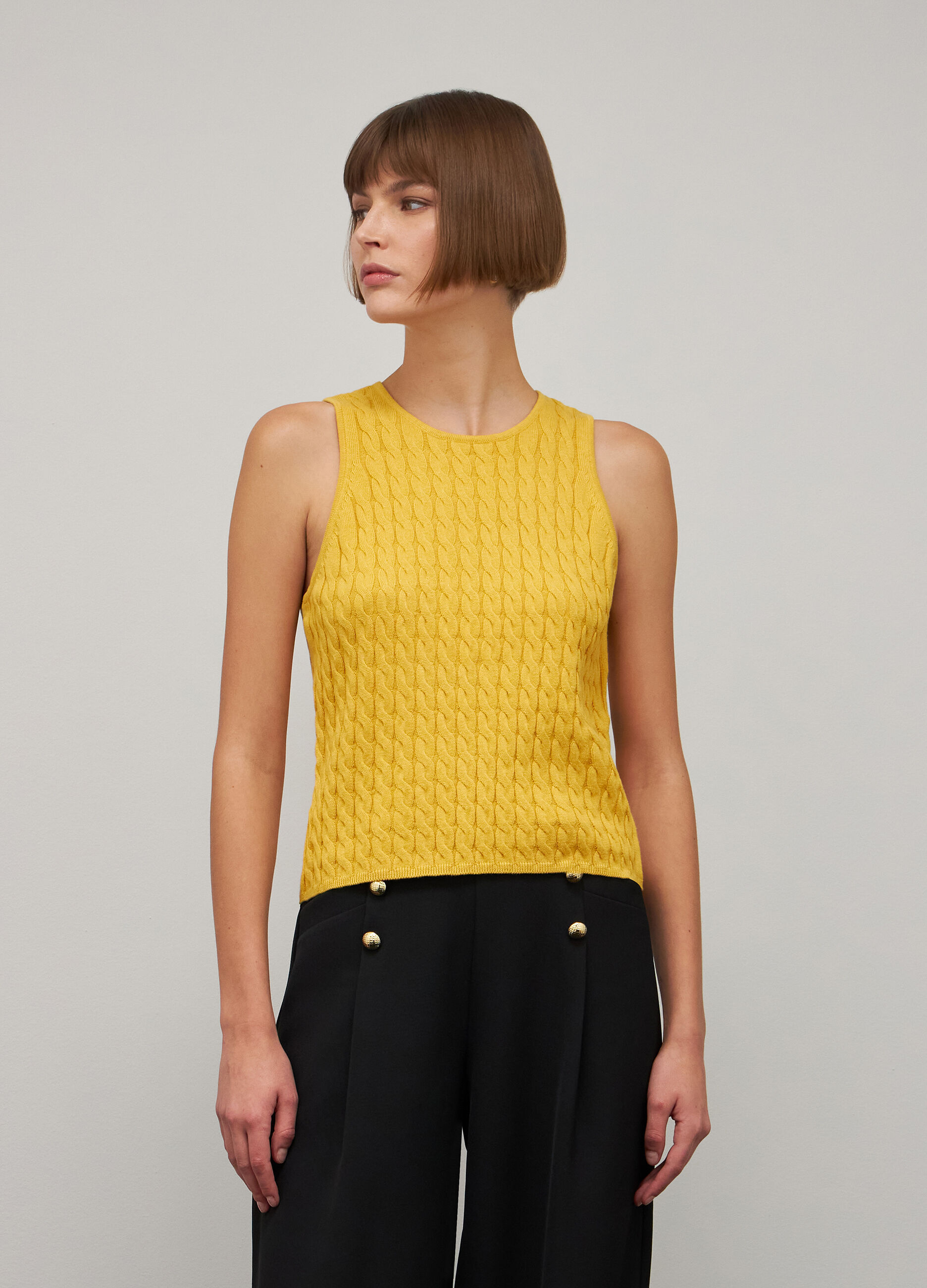 Yellow cable-knit tank top in cotton and silk_1