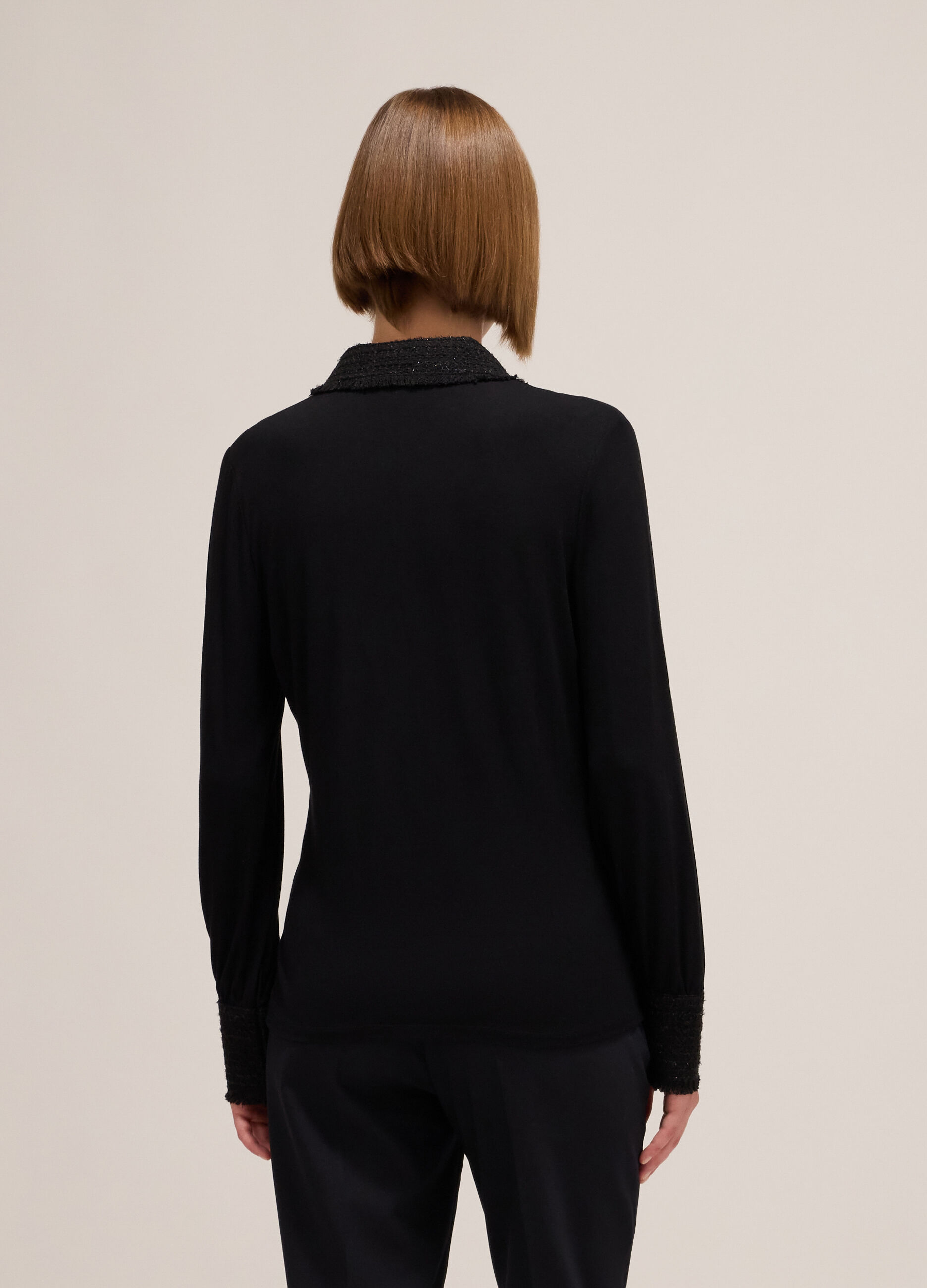 Polo shirt with long sleeves and bouclé inserts