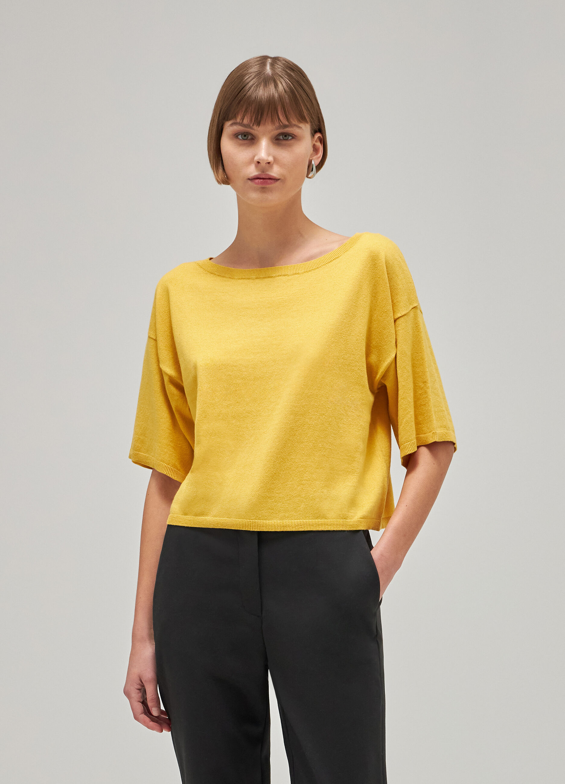 Yellow short-sleeved tricot sweater in silk and cotton_1