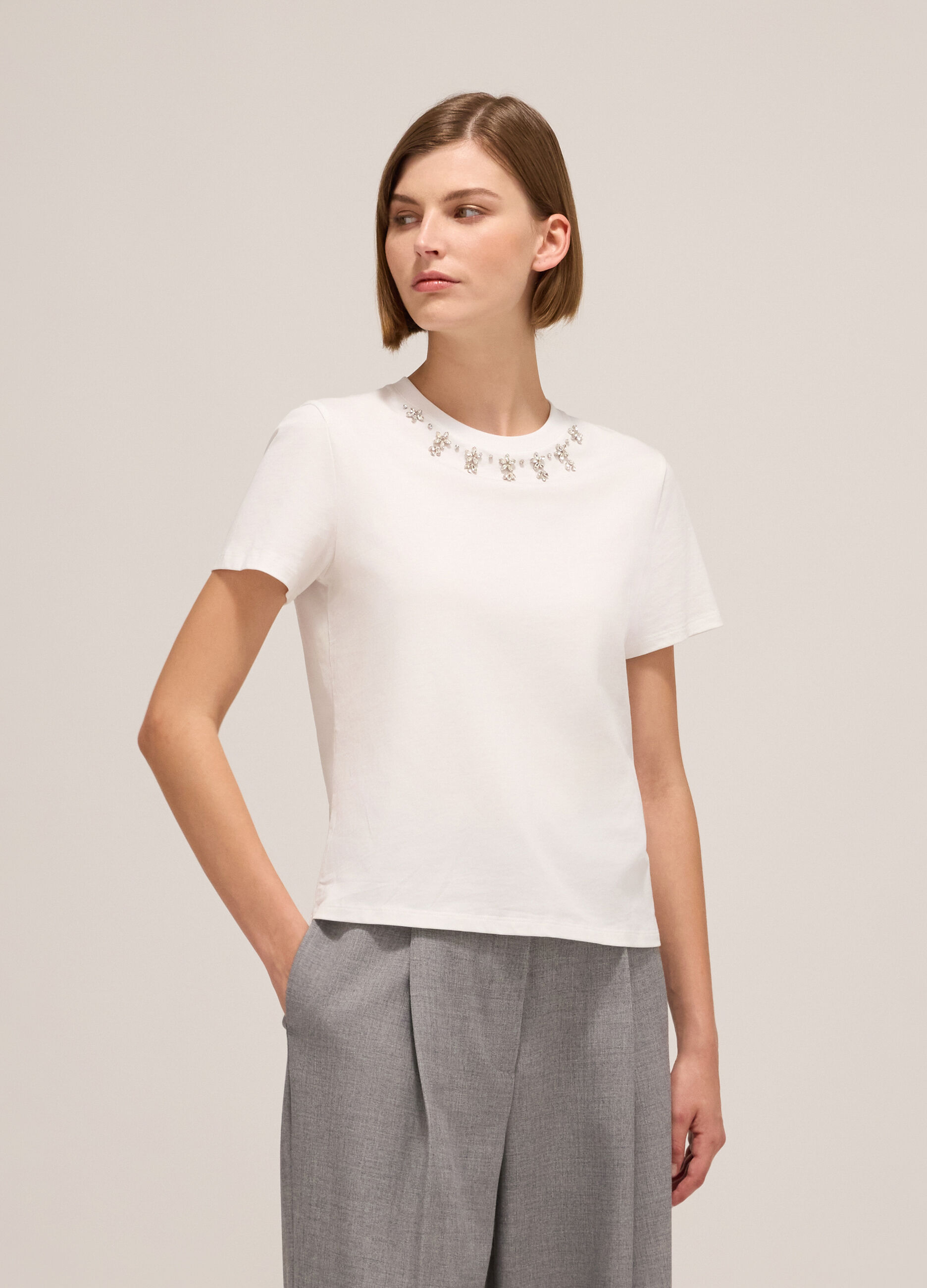 Stretch cotton T-shirt with diamantés