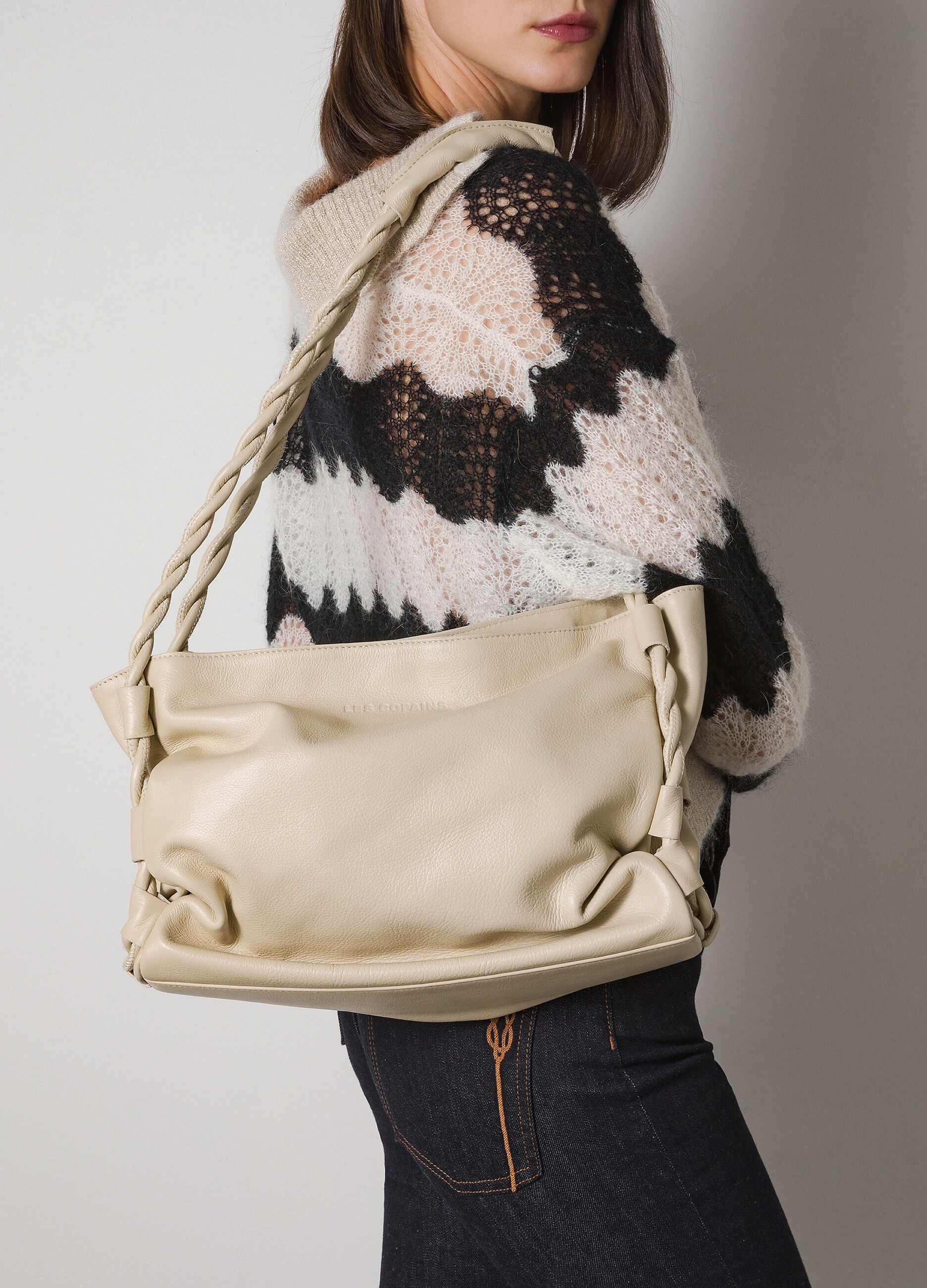 Sac d’épaule tote bag beige pâle en cuir véritable_0