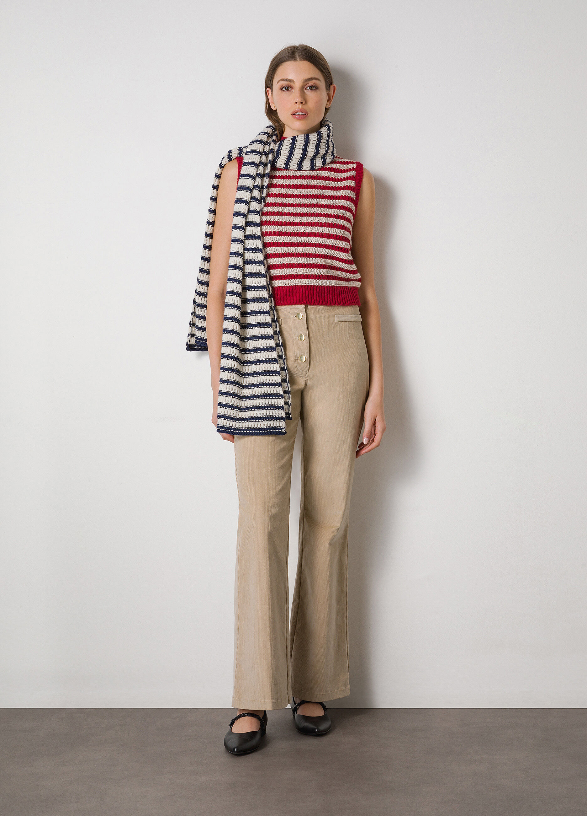 Beige Flare ribbed velvet trousers_0