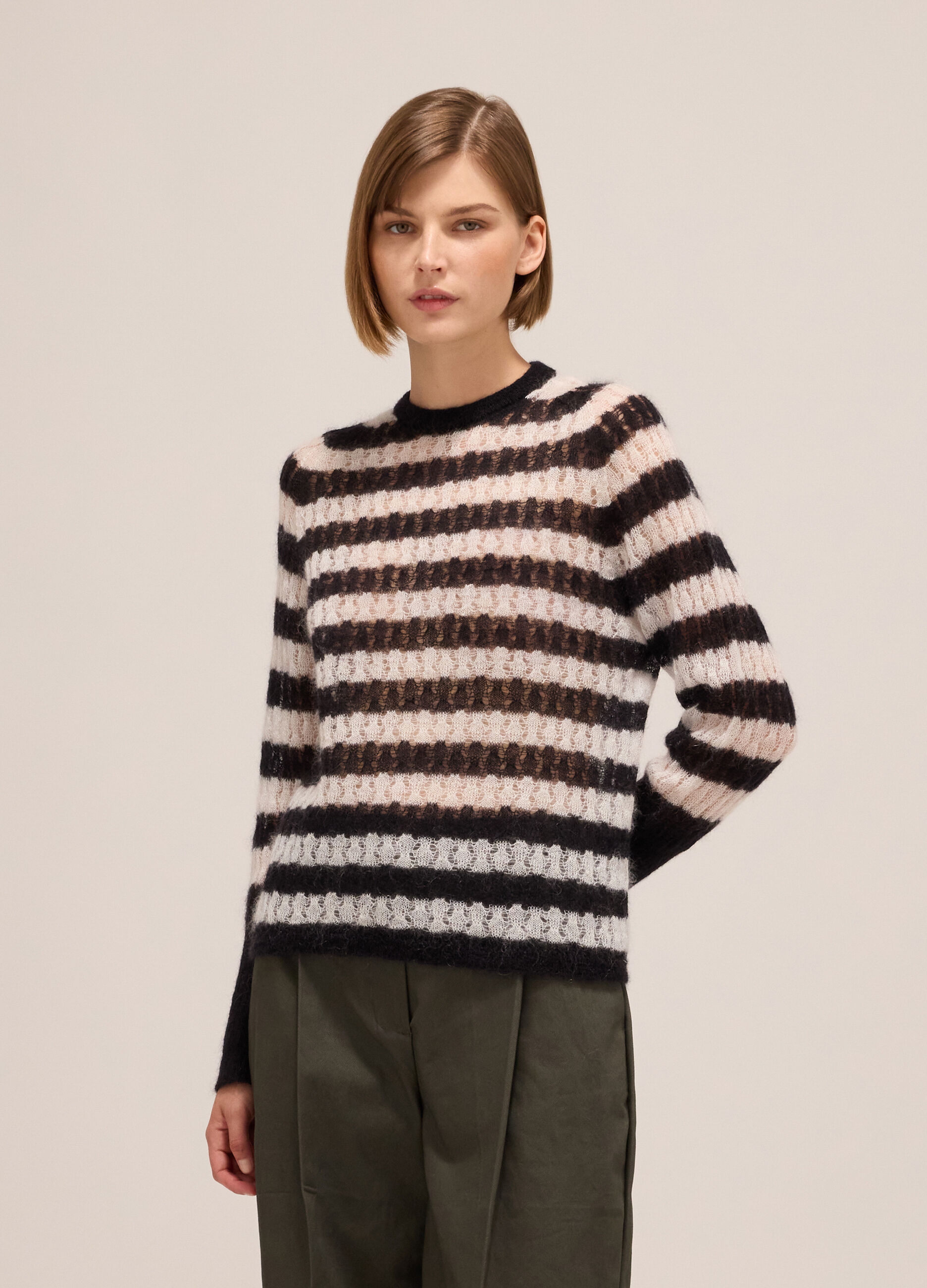 Striped crew-neck sweater in wool and mohair blend
