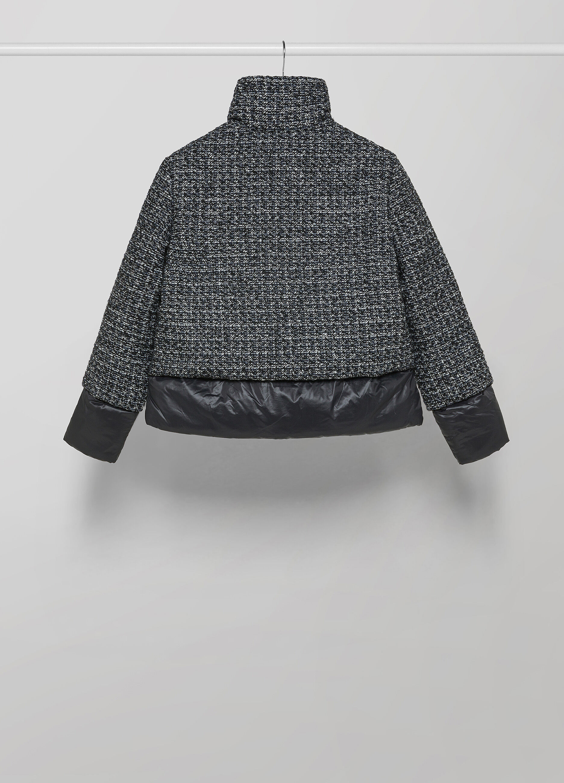 Down jacket with bouclé wool blend exterior
