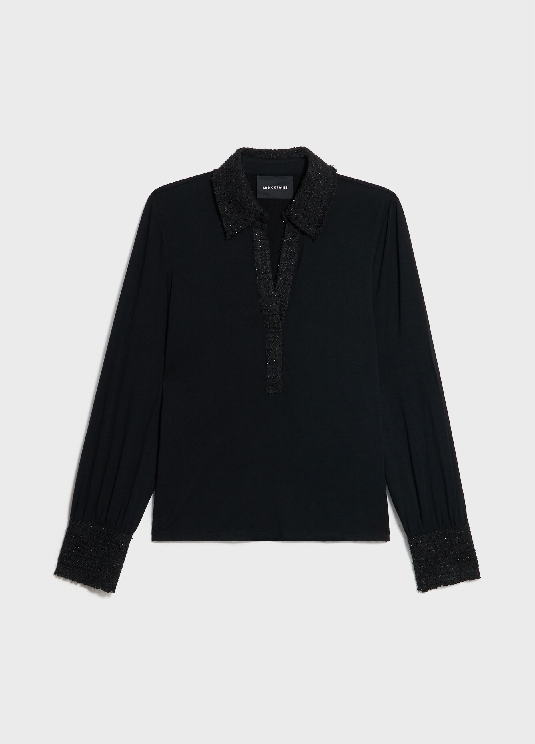 Polo shirt with long sleeves and bouclé inserts