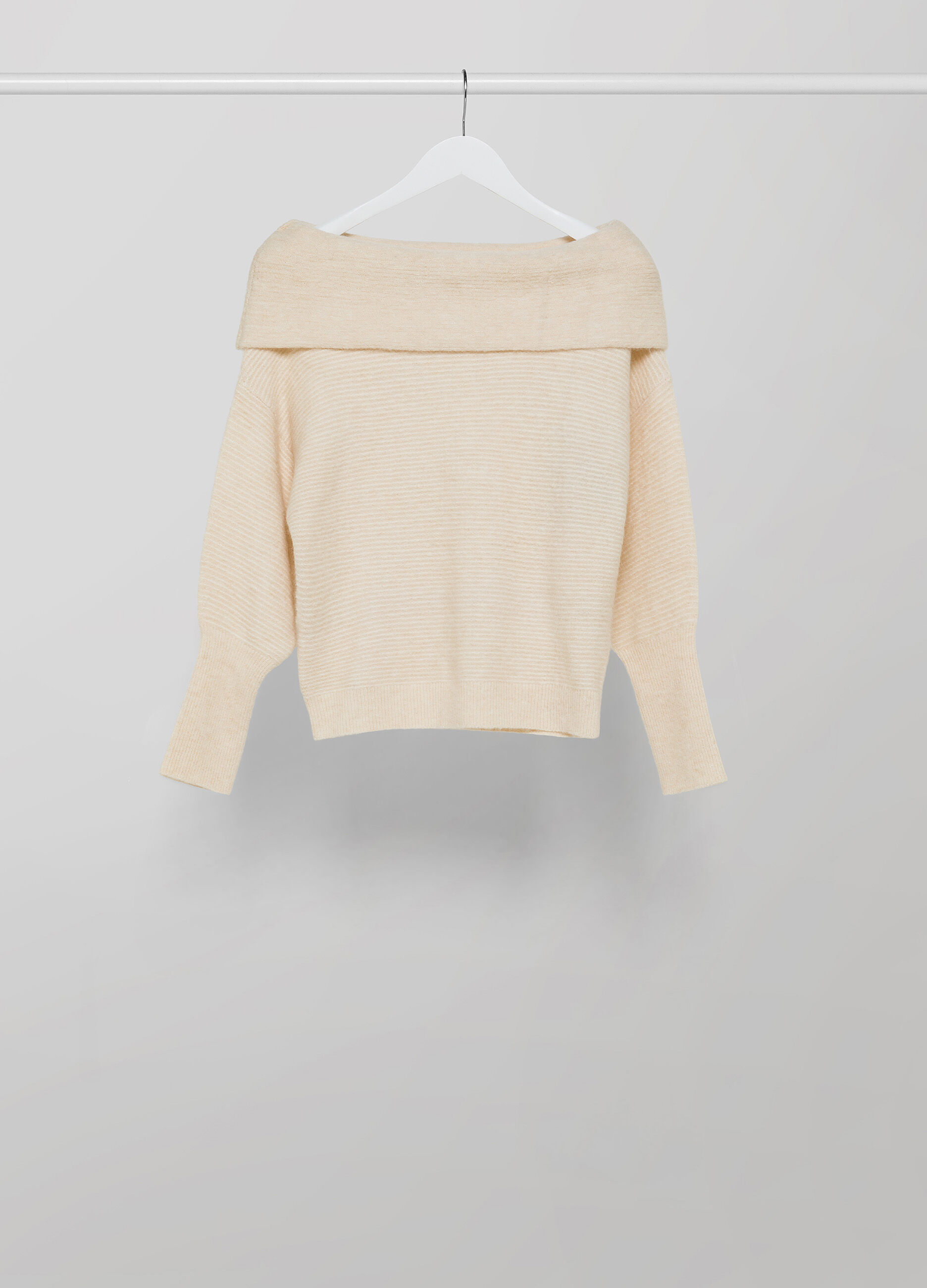 White cream off the shoulder wool and alpaca blend tricot top 