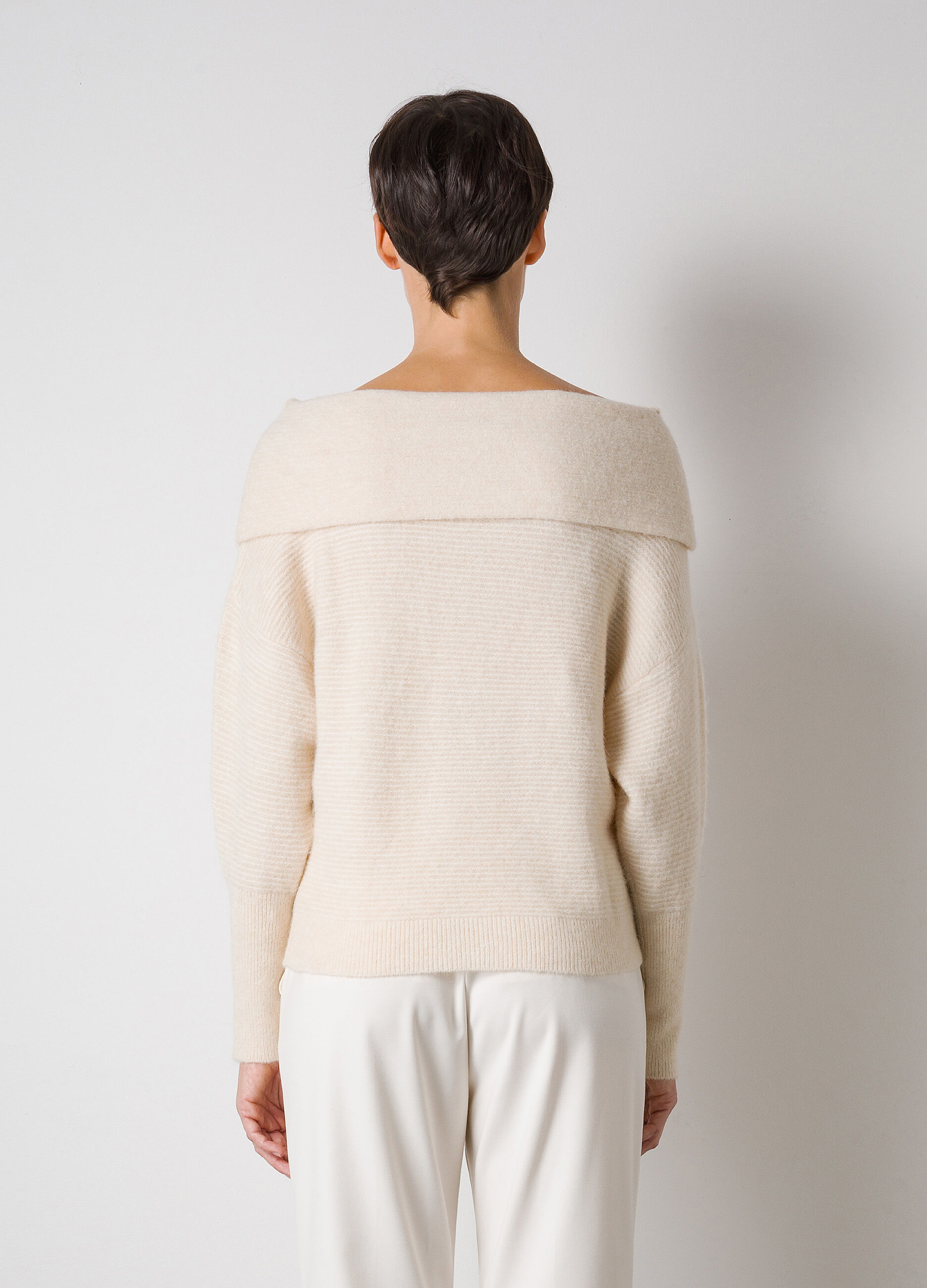 White cream off the shoulder wool and alpaca blend tricot top 