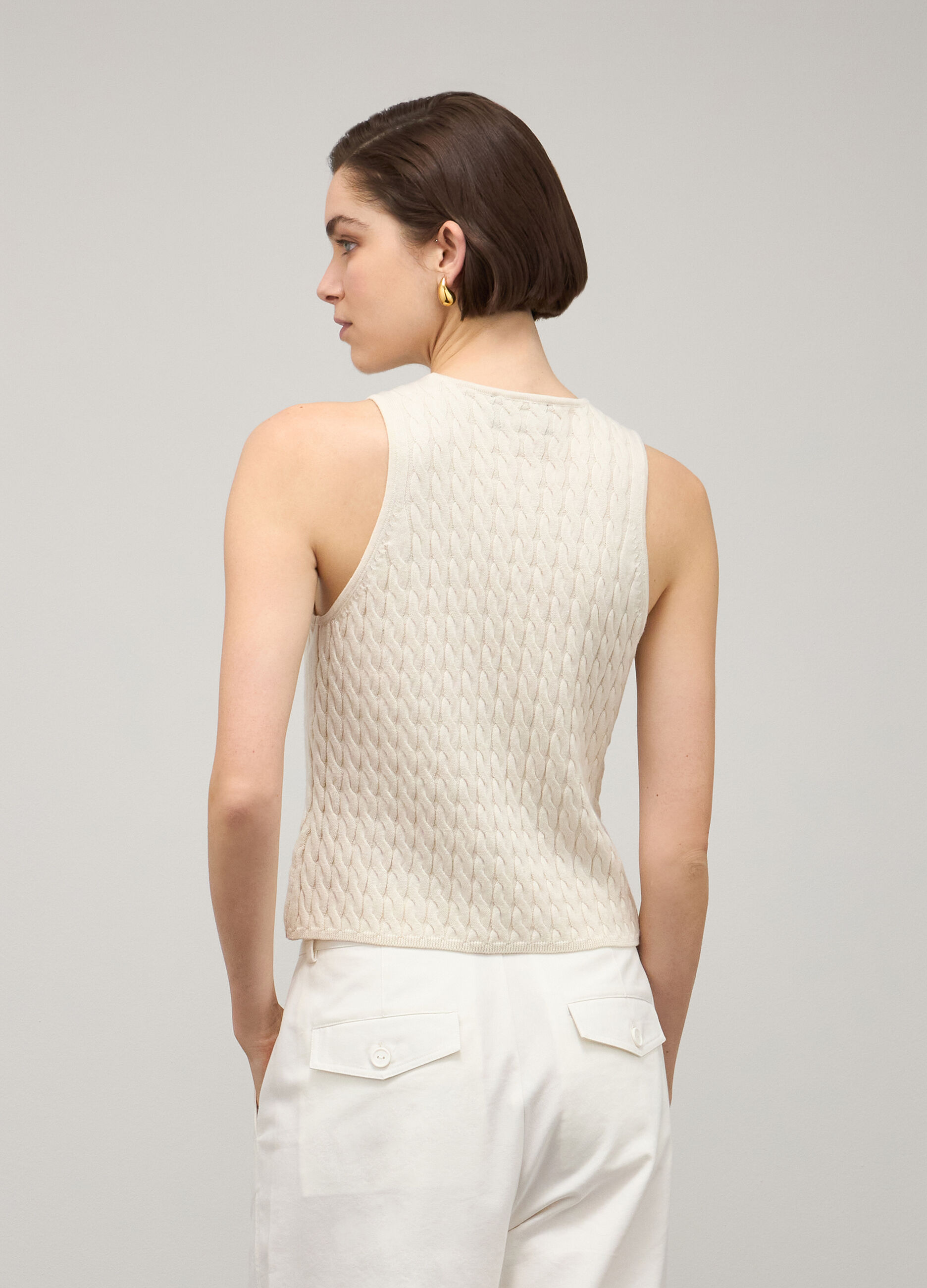 White cable-knit tank top in cotton and silk_2