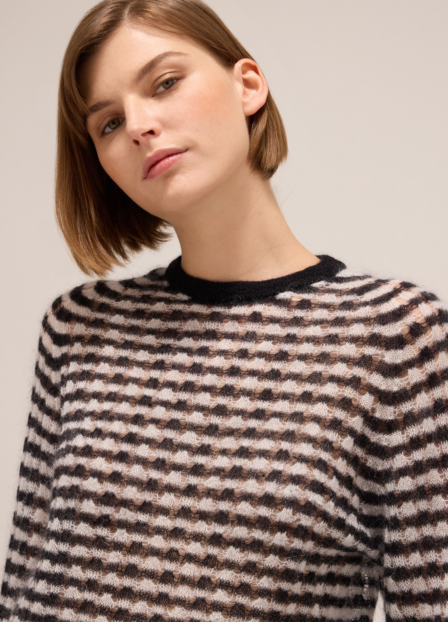 Striped crew-neck sweater in wool and mohair blend