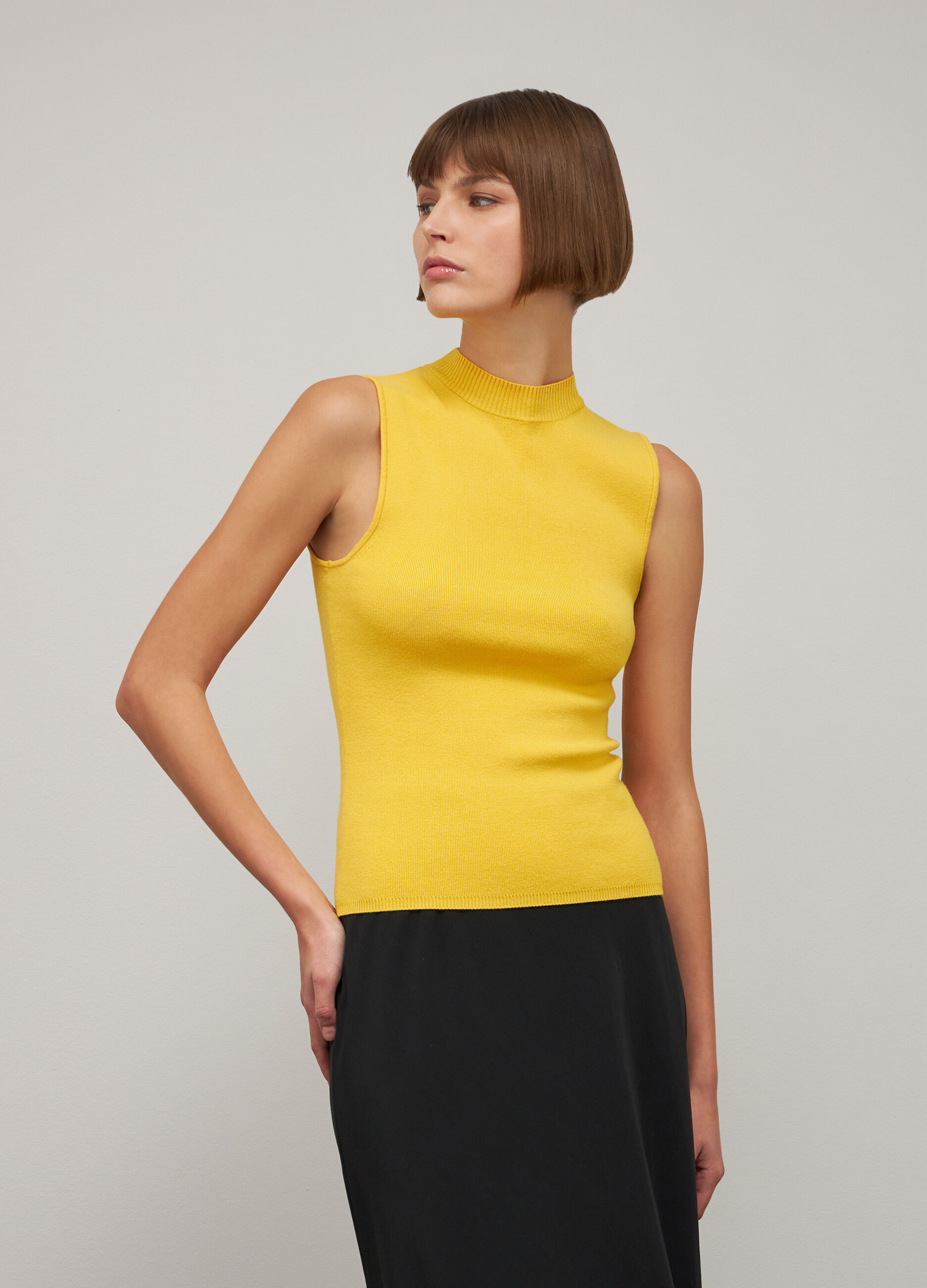 Yellow viscose blend high neck tricot top_1
