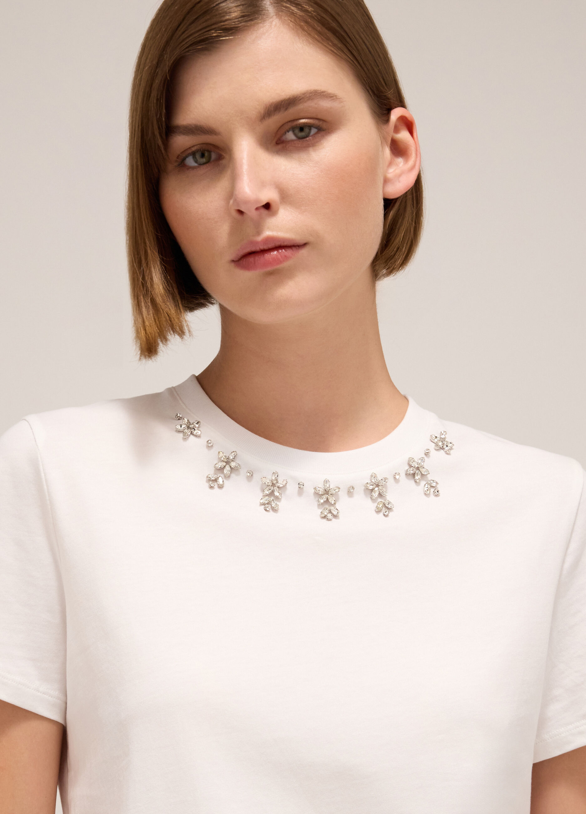 Stretch cotton T-shirt with diamantés
