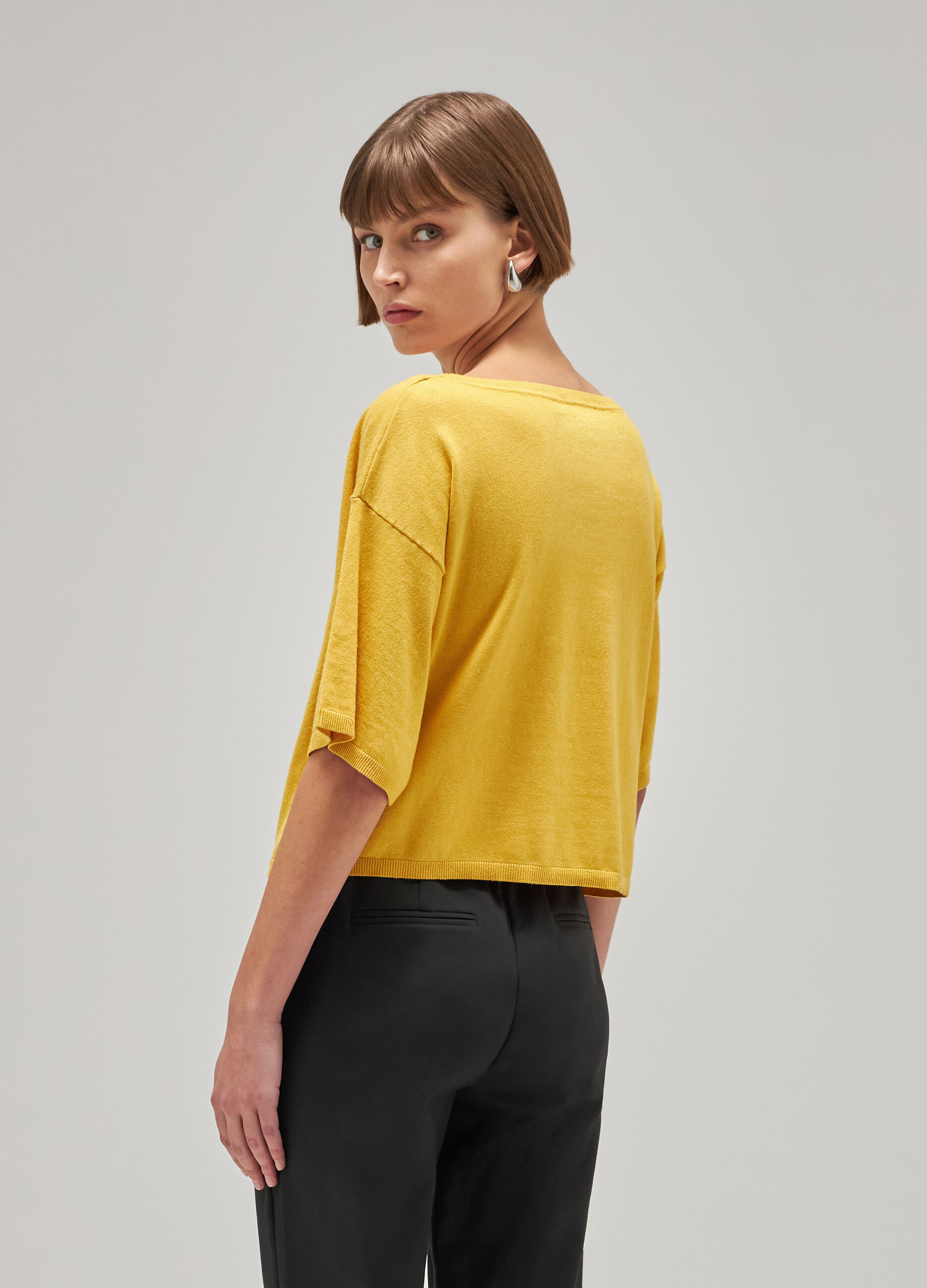 Yellow short-sleeved tricot sweater in silk and cotton_2